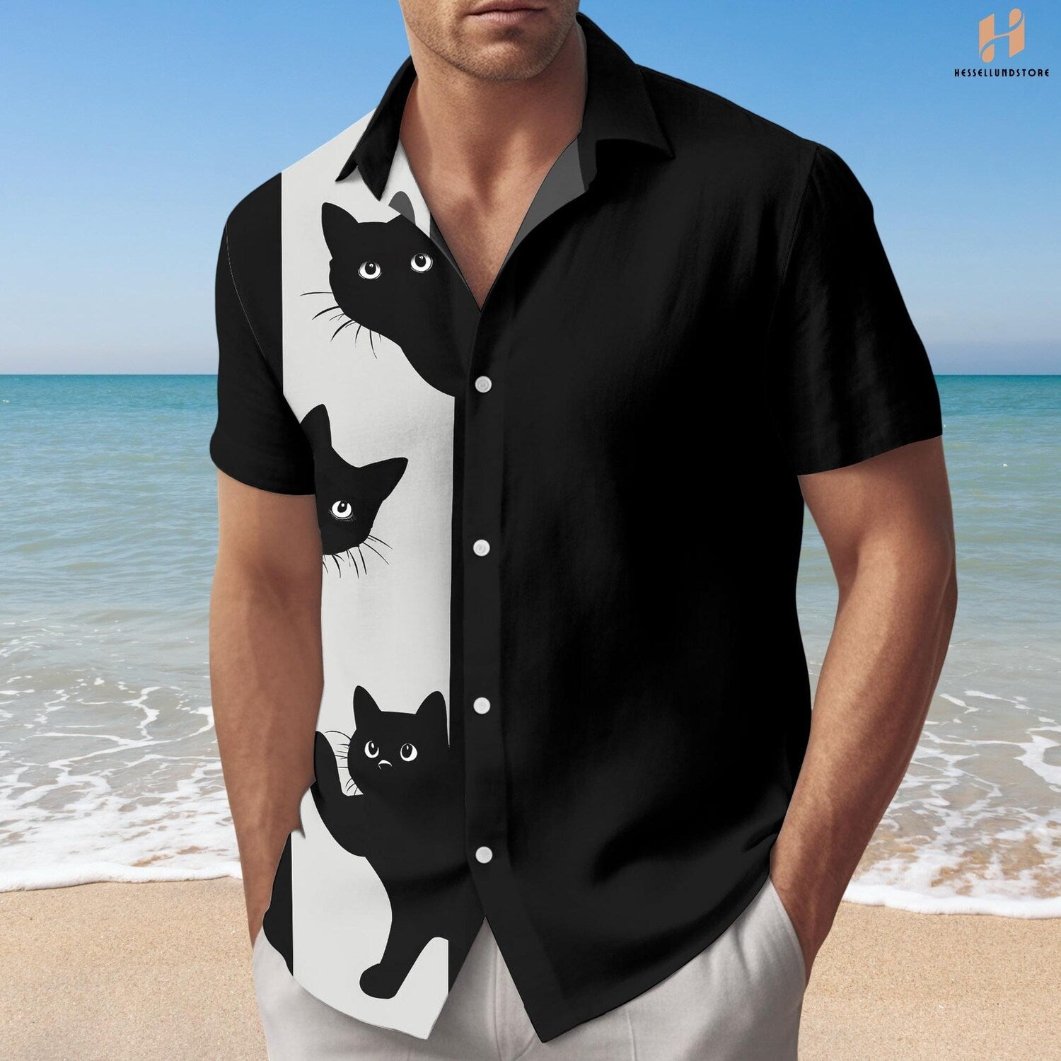 Black Cat Button Shirt - Funny Men's Cat Lover Button Up Shirt for Pet Lovers