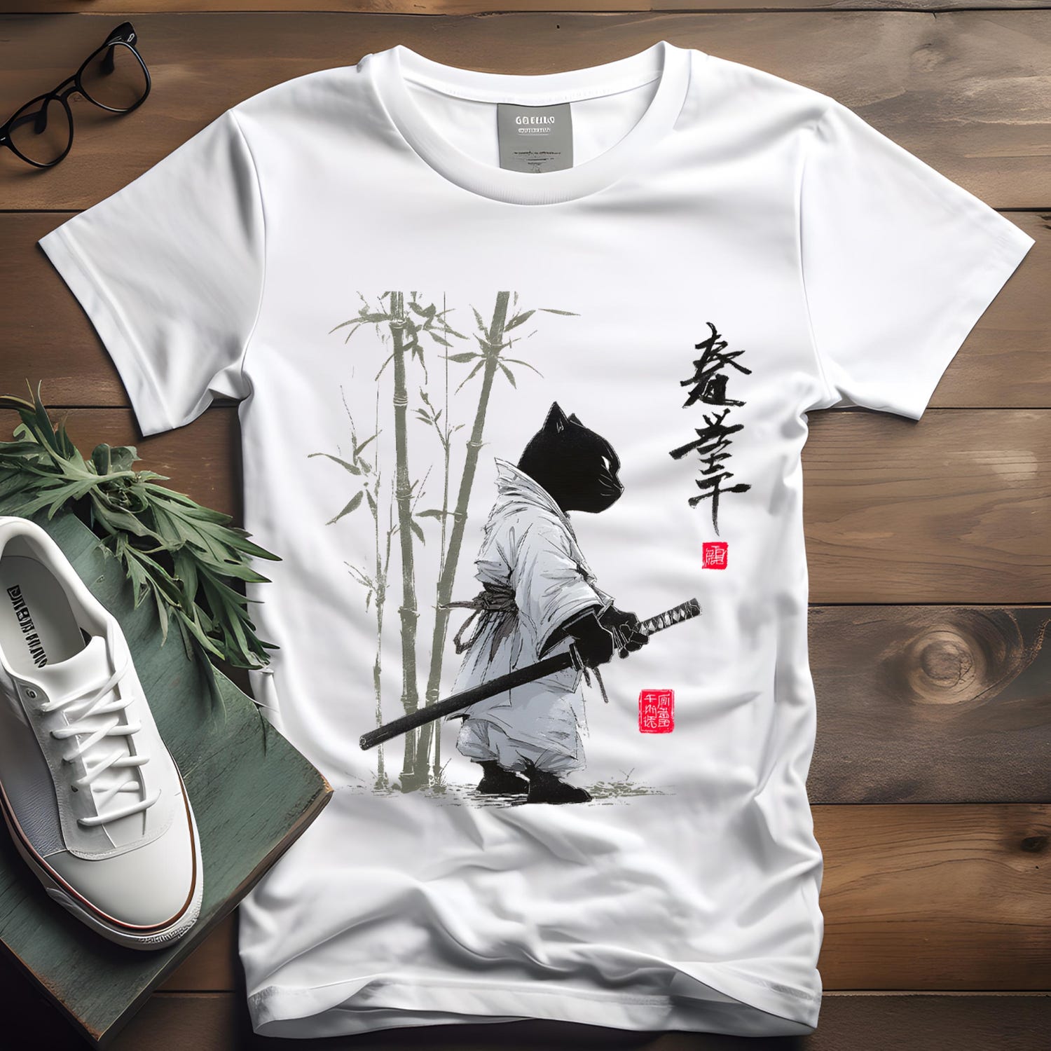 Samurai Cat T-Shirt - Japanese Kanji Graphic Tee