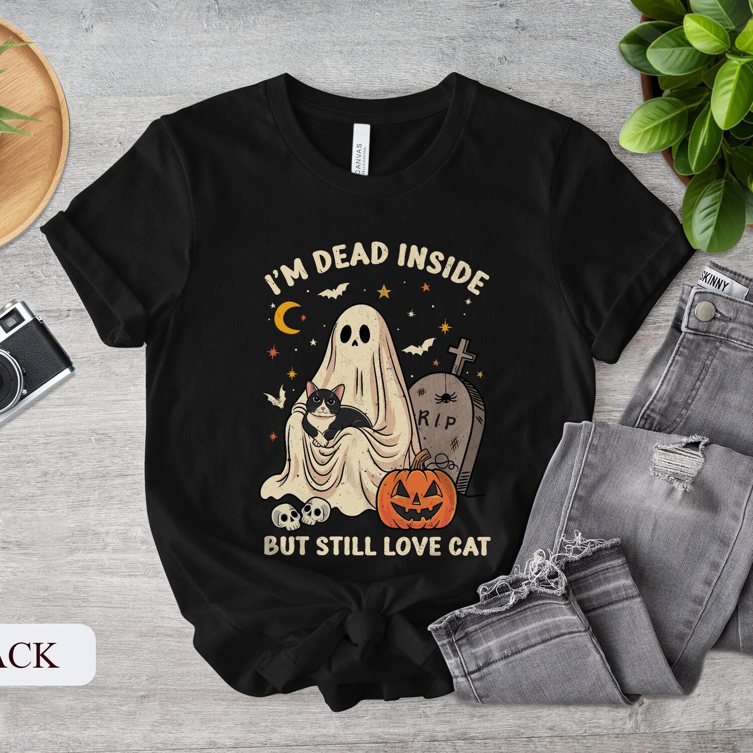 Halloween Tuxedo Cat Shirt - Funny Ghost Cat Graphic Tee, Spooky Pet Lover Gift