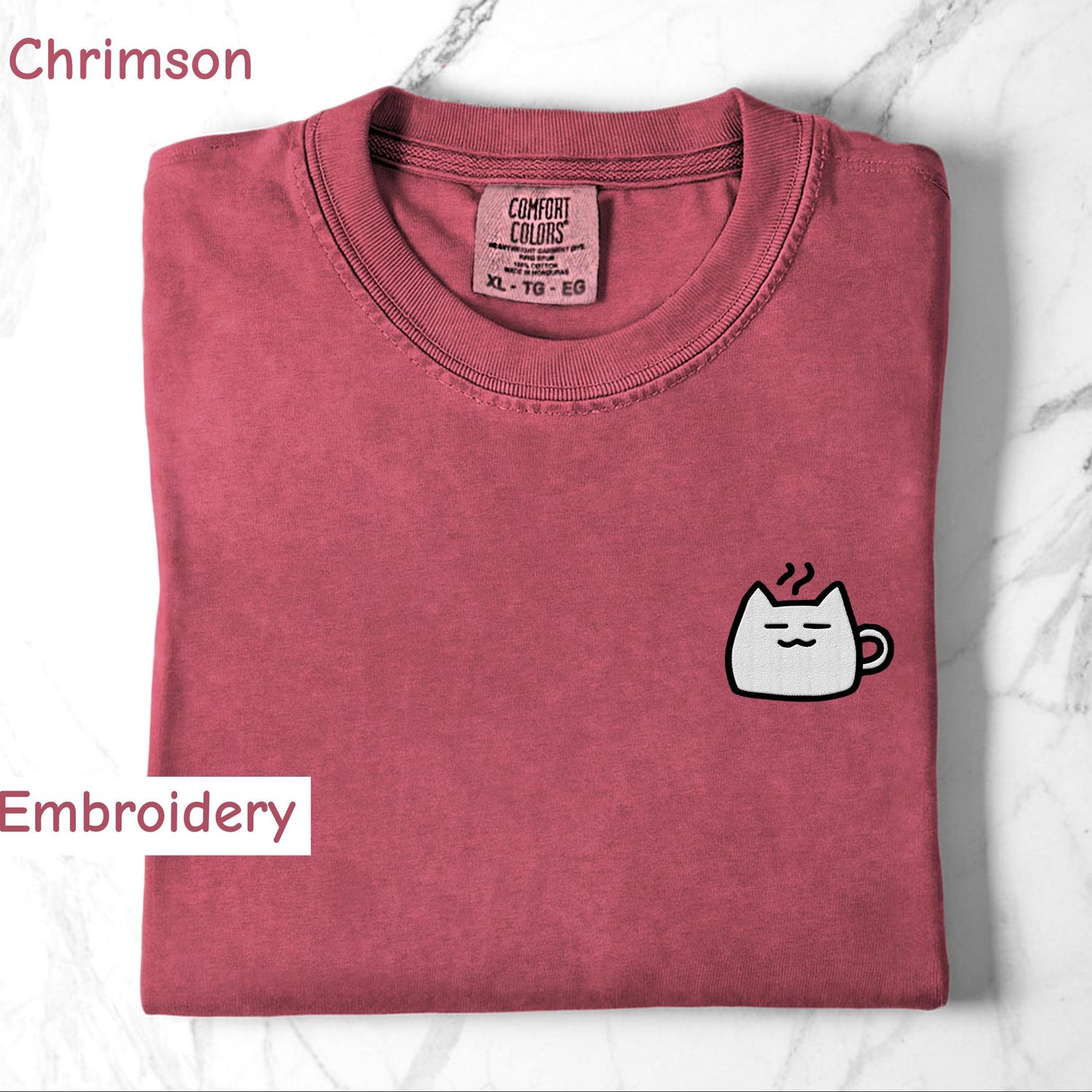 Embroidered Cat Mug Comfort Colors Tee | Minimalist Coffee Lover Gift | Cat Cafe Shirt