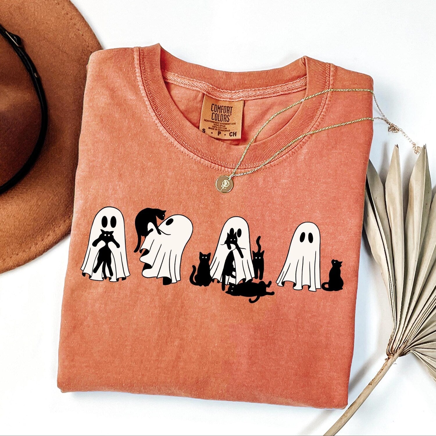 Comfort ColorsÂ® Halloween Black Cat Ghost Shirt, Halloween Ghost Tshirt, Spooky Season Cat Tee, Halloween Cute Women Outfit, Halloween Gift