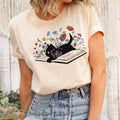 Black Cat Book Tshirt Floral Garden Design Cat Lover Gift