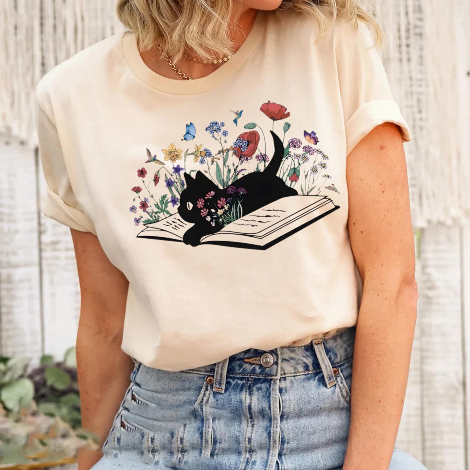 Black Cat Book Tshirt Floral Garden Design Cat Lover Gift