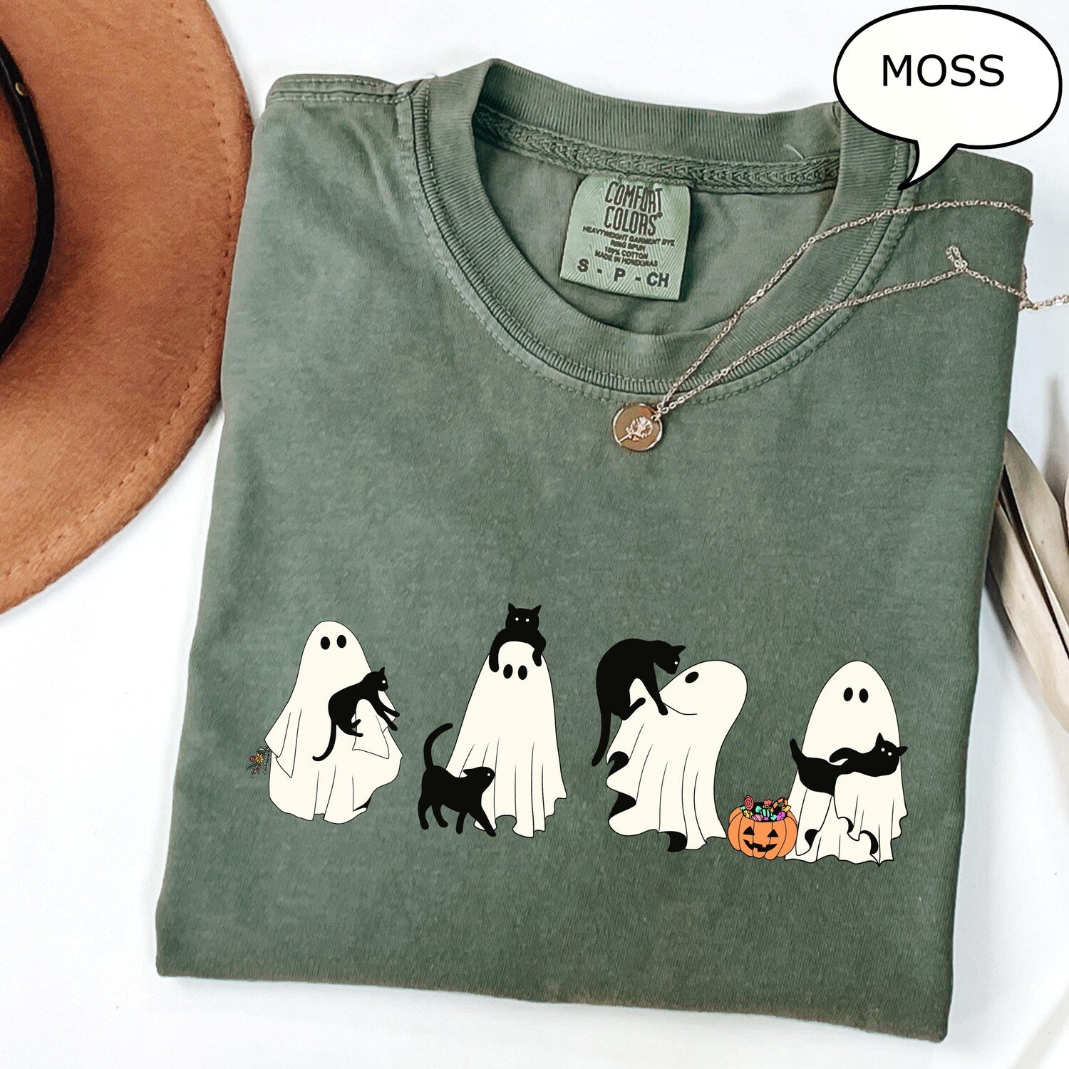 Comfort ColorsÂ® Ghost And Cat T-Shirt, Halloween Ghost Shirt, Halloween Cat Shirt, Cat Lower Halloween Gift, Spooky Season Cat Shirt