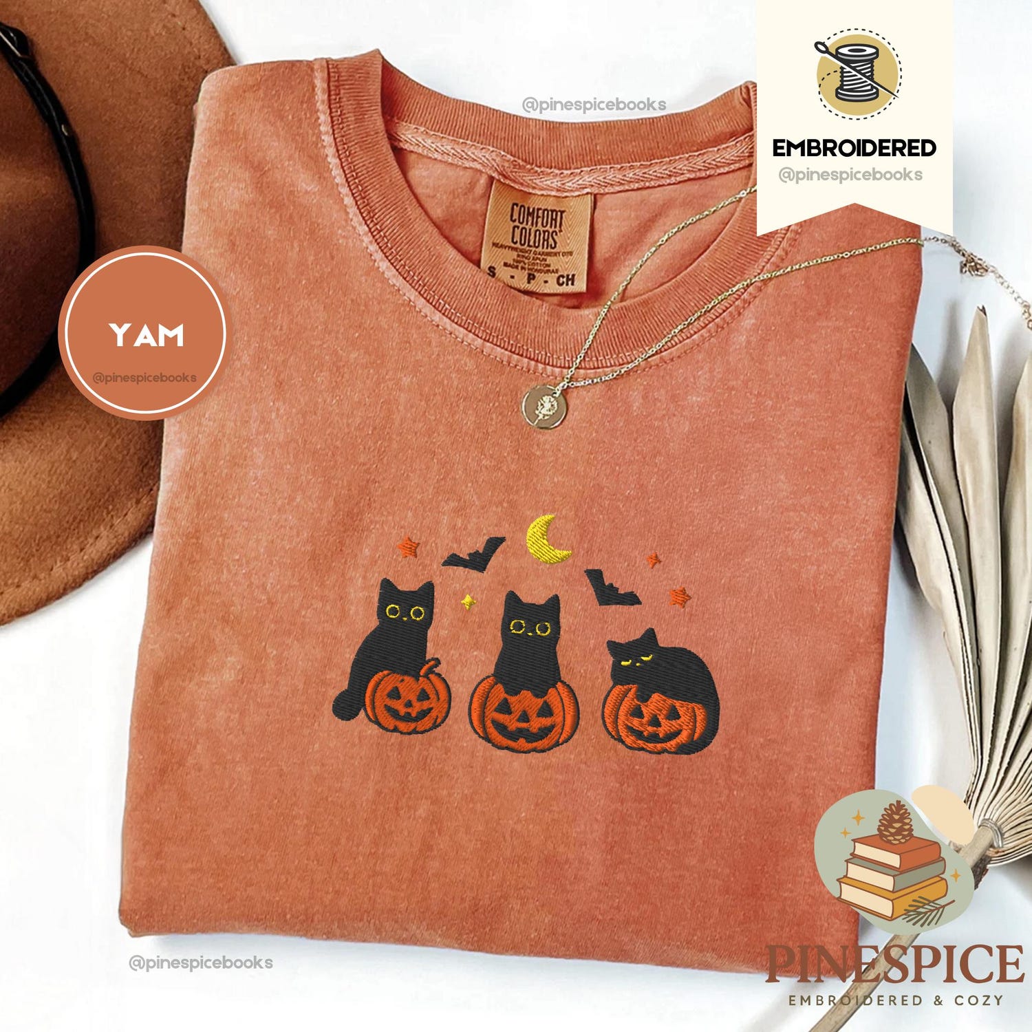 Black Cats and Pumpkins Tee, Embroidered Halloween Shirt, Cute Spooky T-Shirt, Comfort Colors 1717, Boo Basket Gift, Cozy Fall Tee, Autumn