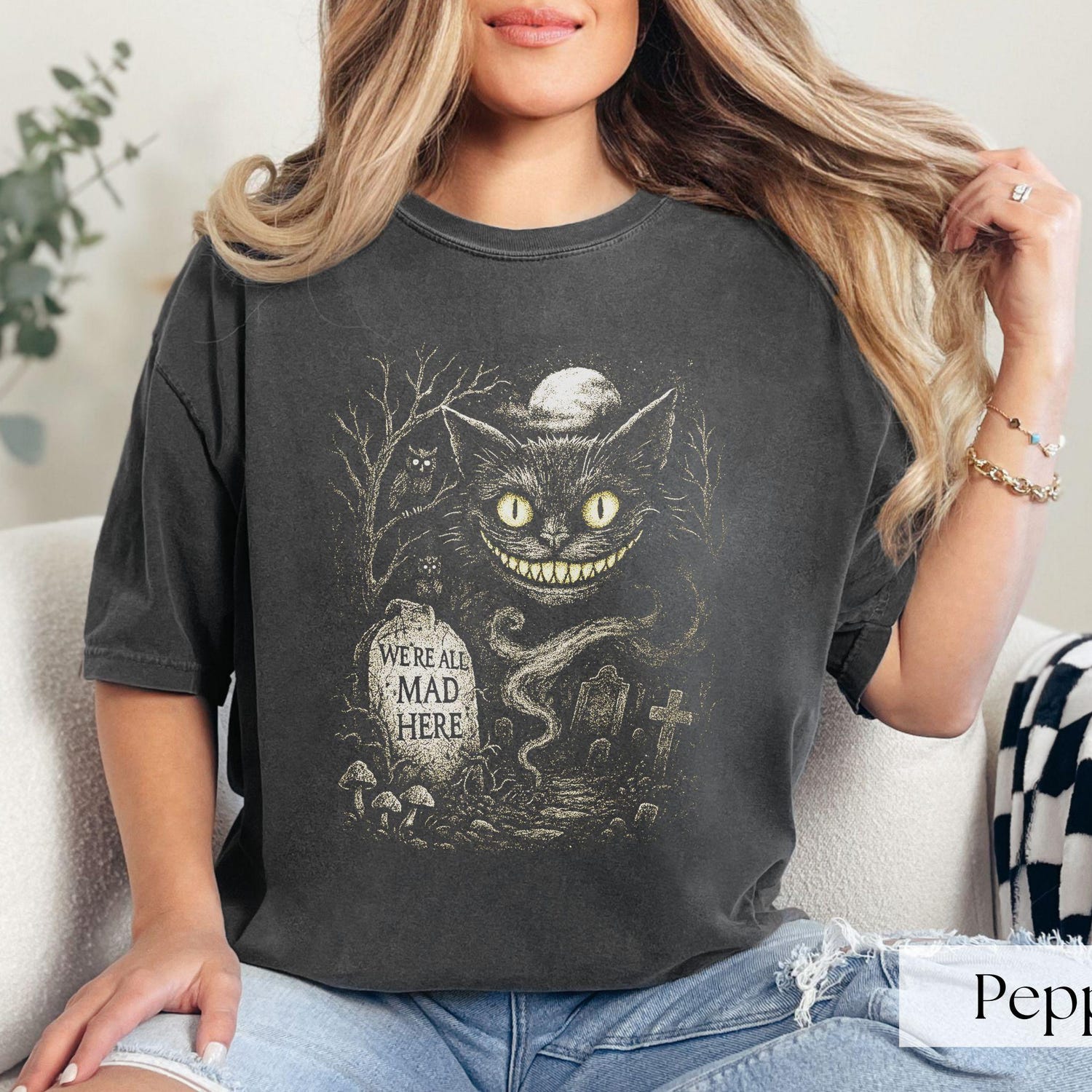 Gothic Cheshire Cat Shirt, Were All Mad Here Creepy Wonderland Graveyard Tee, Horror Alice T-Shirt, Dark Fantasy Feline Top, Surreal Shirt