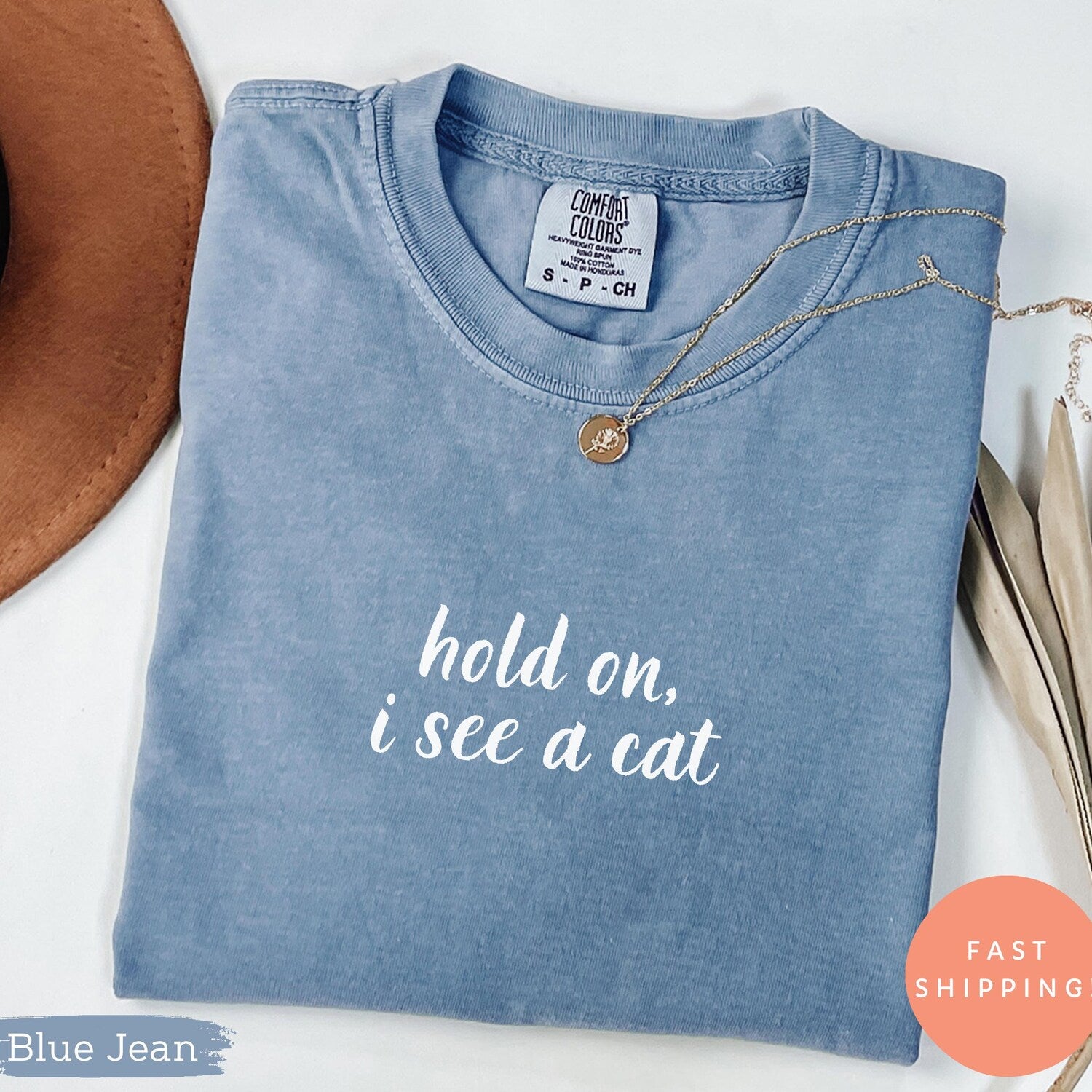 Comfort Colors Hold On I See A Cat Shirt, Funny Cat Lover Tee, Cat Mom Gift, Crazy Cat Lady Shirt, Animal Lover Graphic Top, Pet Lover Tee