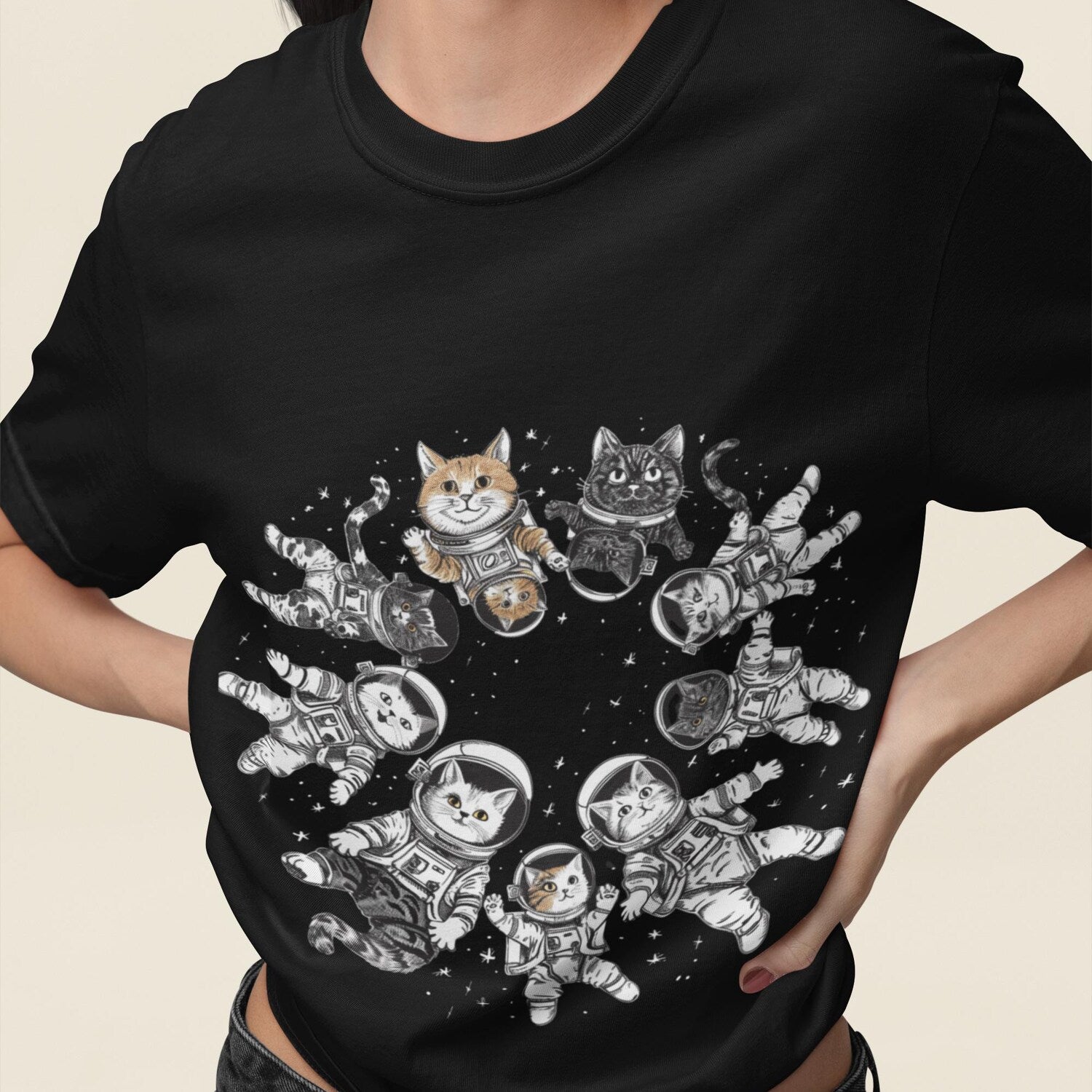 Astronaut Cats T-Shirt - Space Cat Graphic Tee - Funny Cosmic Kitten Shirt - Galaxy Animal Lover Gift - Black Cat Lover T-Shirt
