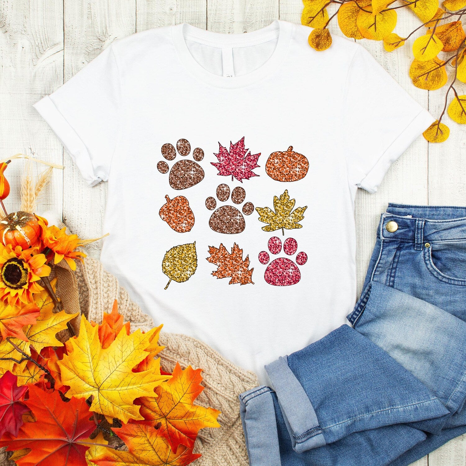 Dog Paw And Autumn Leaf Sparkle Twinkle T-Shirt, Dog Lovers Tee, Happy Fall Yall Shirt, Thanksgiving, Halloween