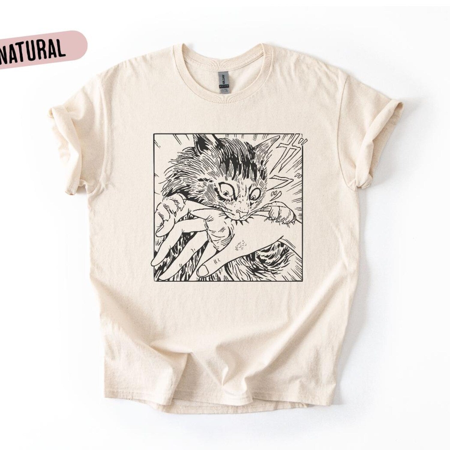 Funny Cat Biting Hand T-Shirt: Manga Style Graphic Tee