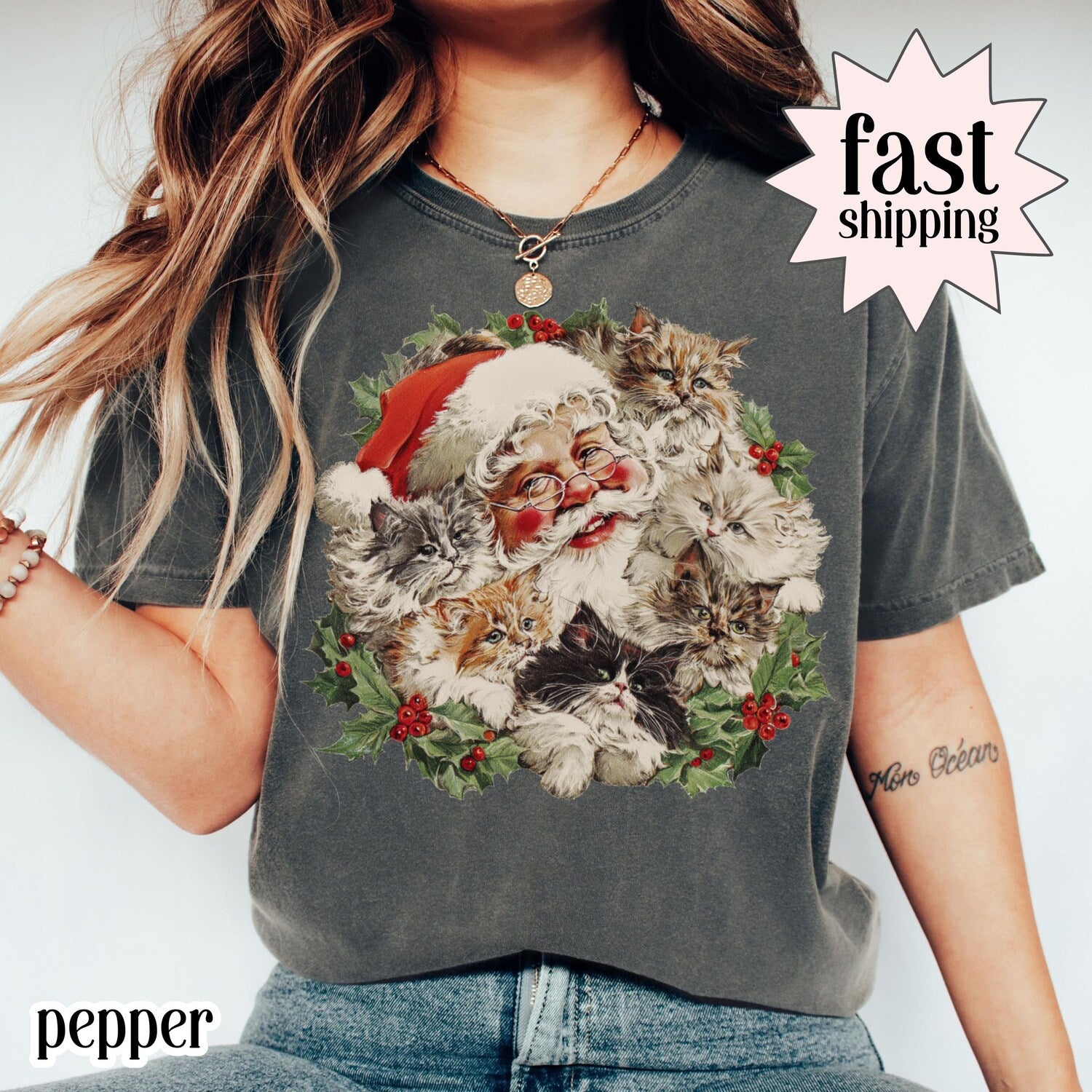 Santa Claus Kittens Christmas Shirt Comfort Colors Retro 90s