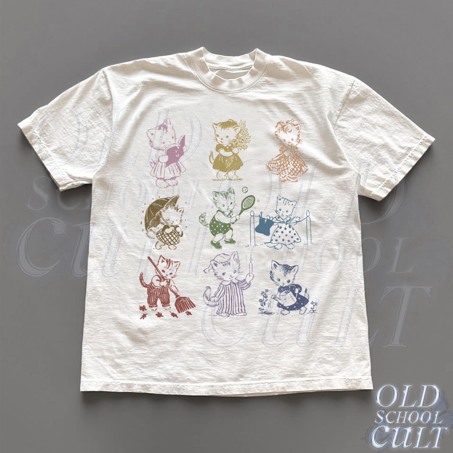 Cat 90s Tattoo Vintage T-shirt, Retro Kitten Cute Shirt, Cat Lovers Gift, Cats Playing Unisex Relaxed Adult Graphic Tee, Funny Weird Shirts