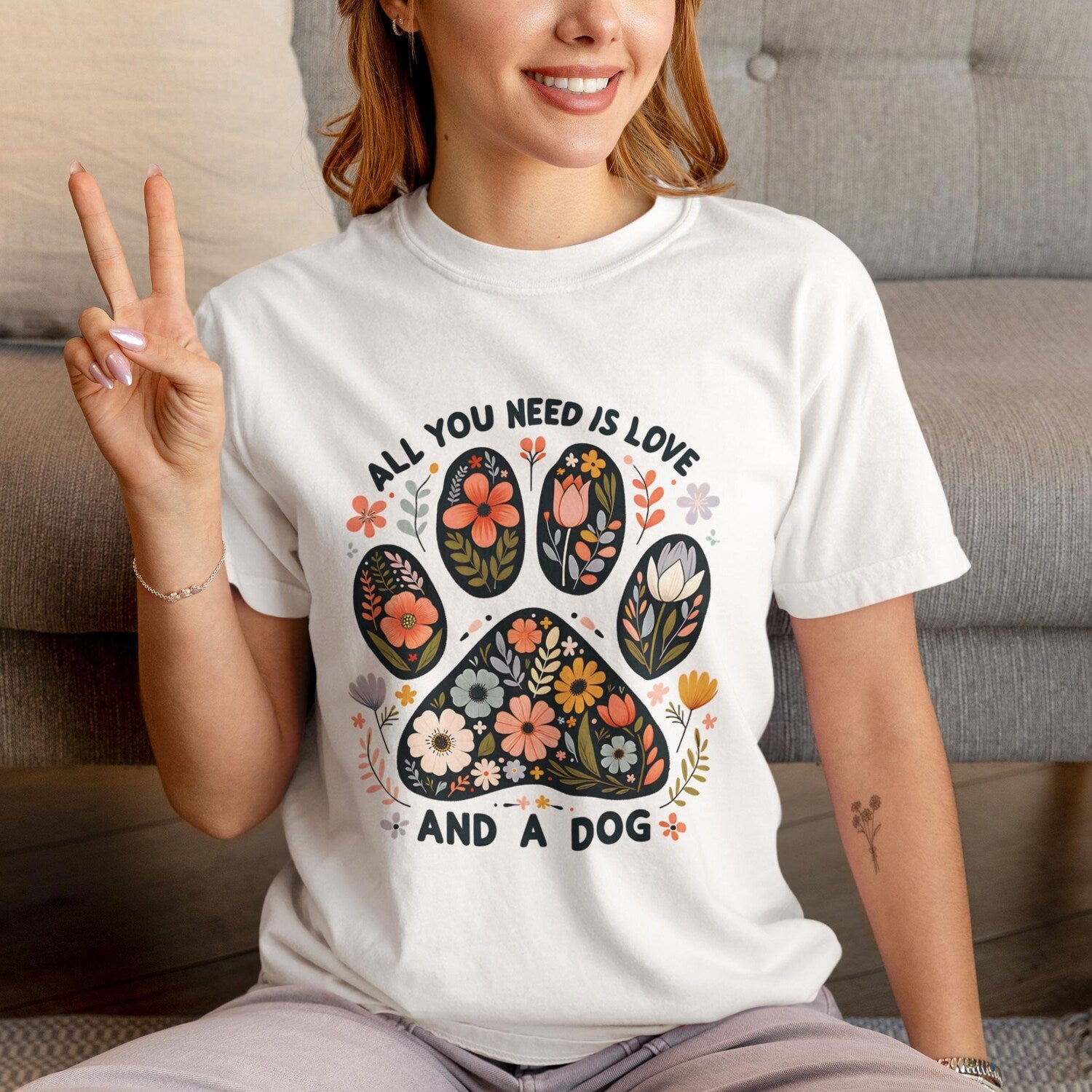 Floral Dog Mom T-Shirt: Ring-Spun Cotton, Paw Print Design