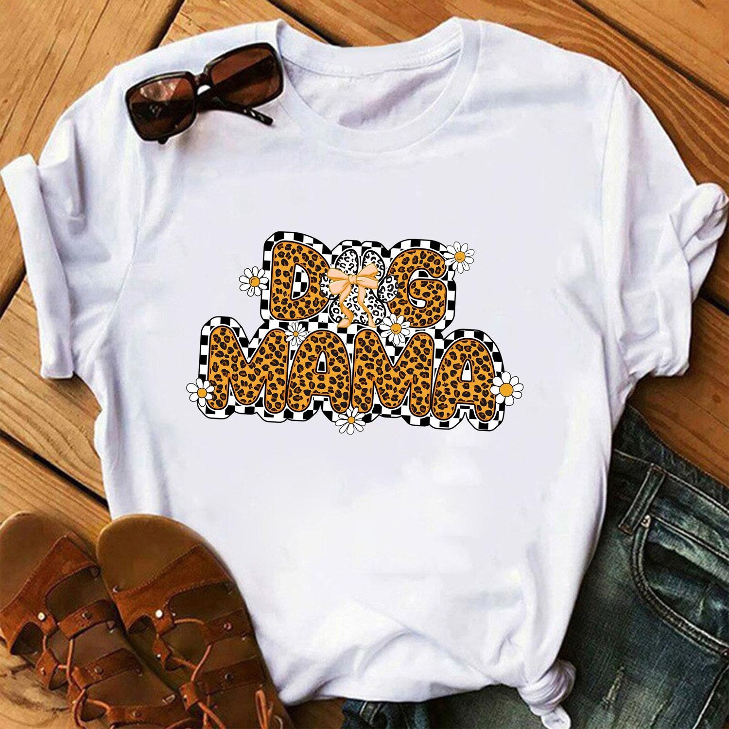 Bow Retro Coquette Dog Mom T-shirt, Checkered Mom Leopard Shirt, Gift For Dog Lovers, Mother's Day Tee