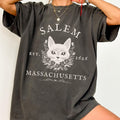 Salem Massachusetts Tshirt, Spooky Cat Graphic Unisex Vintage TShirt, Cat Lover Gift, Halloween Apparel, Salem Merch, Retro Halloween Shirt