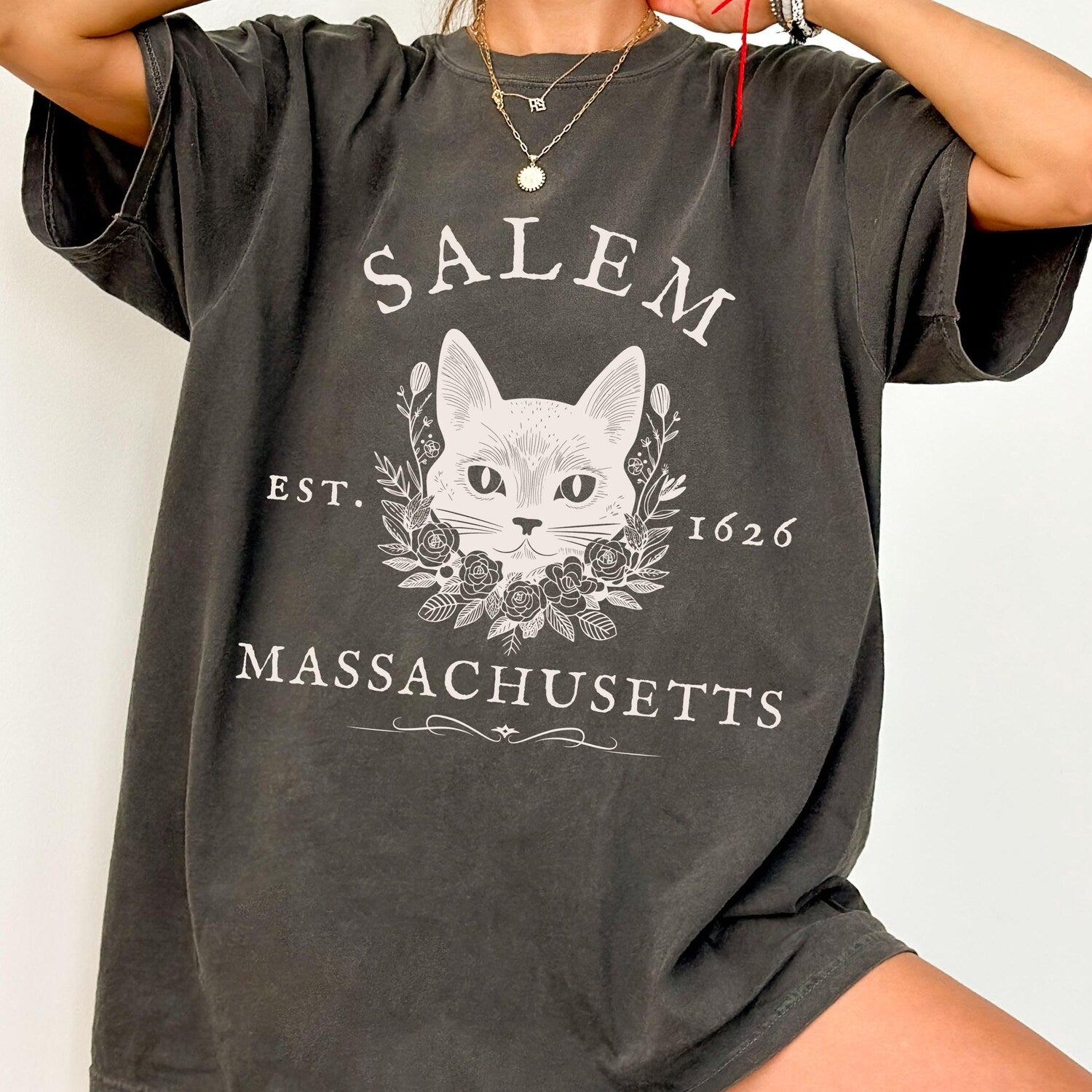 Salem Massachusetts Tshirt, Spooky Cat Graphic Unisex Vintage TShirt, Cat Lover Gift, Halloween Apparel, Salem Merch, Retro Halloween Shirt