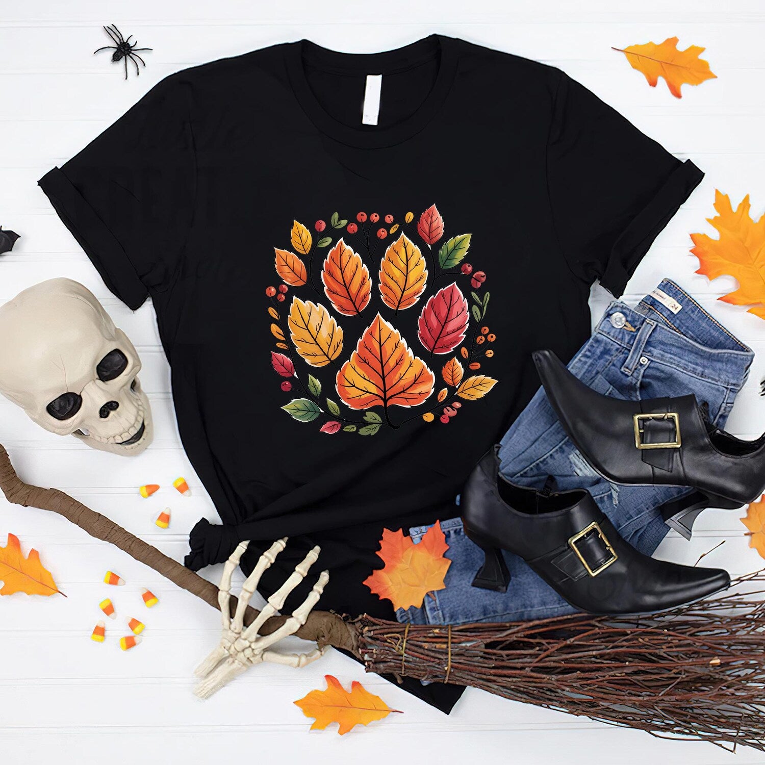 Autumn Leaves Dog Paw T-Shirt, Dog Paw Thanksgiving Shirt, Dog Lover Shirt, Thanksgiving Leaves Shirt