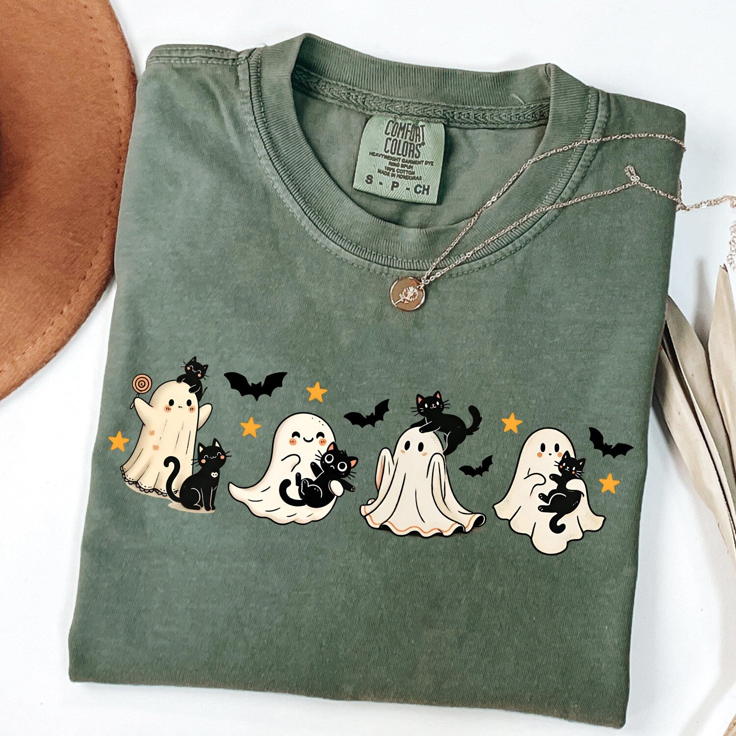 Black Cat Ghost Halloween T-Shirt | Spooky Season Comfort Colors Tee | Cute Ghost Cat