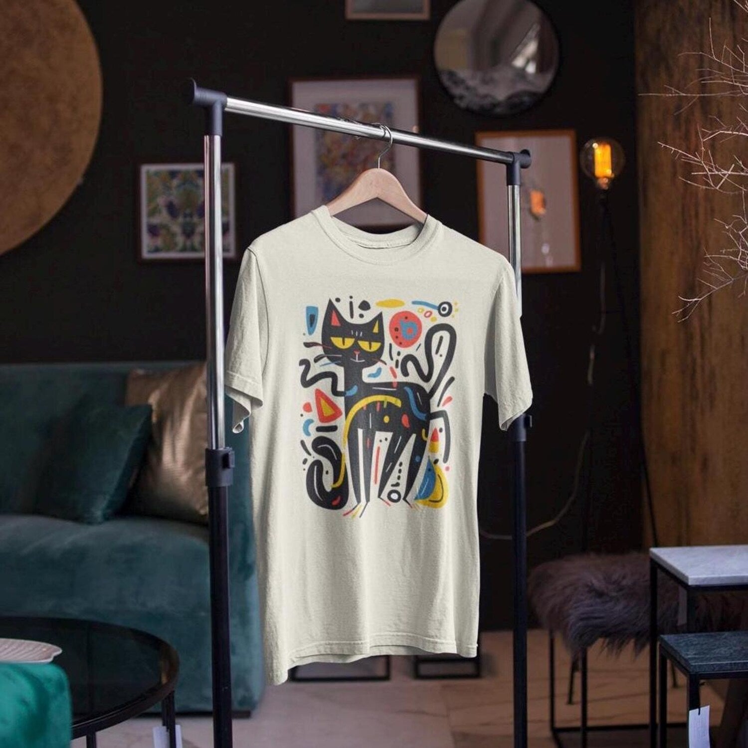 Artful Cat Shirt Keith Haring Inspired Tee - Vibrant Minimalist Cat Art for Lovers