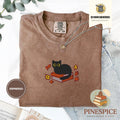 Fall Black Cat and Books Tee, Embroidered Comfort Colors 1717, Cozy Autumn Reader Shirt, Book Lover Gift, Cute Halloween Cat Shirt