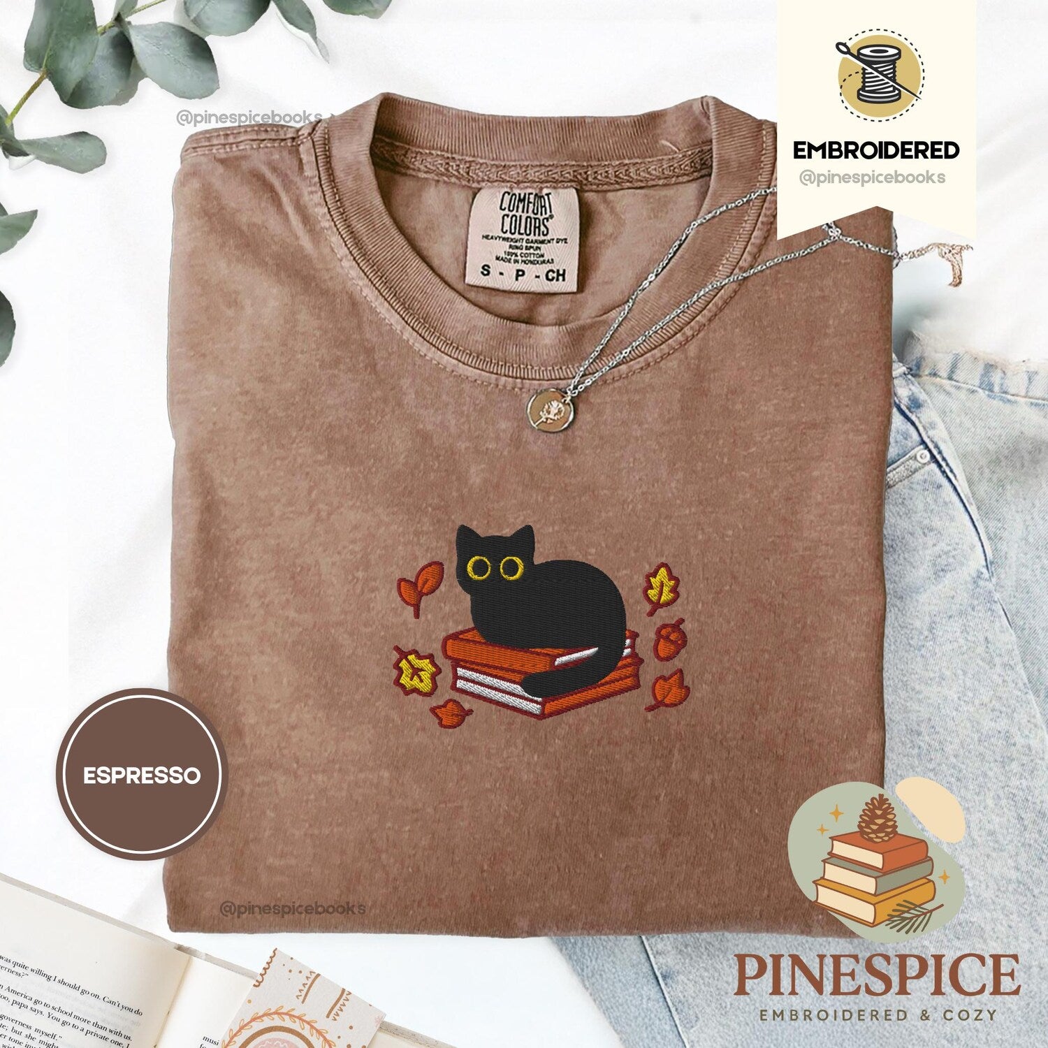 Fall Black Cat and Books Tee, Embroidered Comfort Colors 1717, Cozy Autumn Reader Shirt, Book Lover Gift, Cute Halloween Cat Shirt