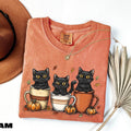 Halloween Black Cat & Coffee Cups Shirt - Cute Autumn Vibes Tee for Lovers