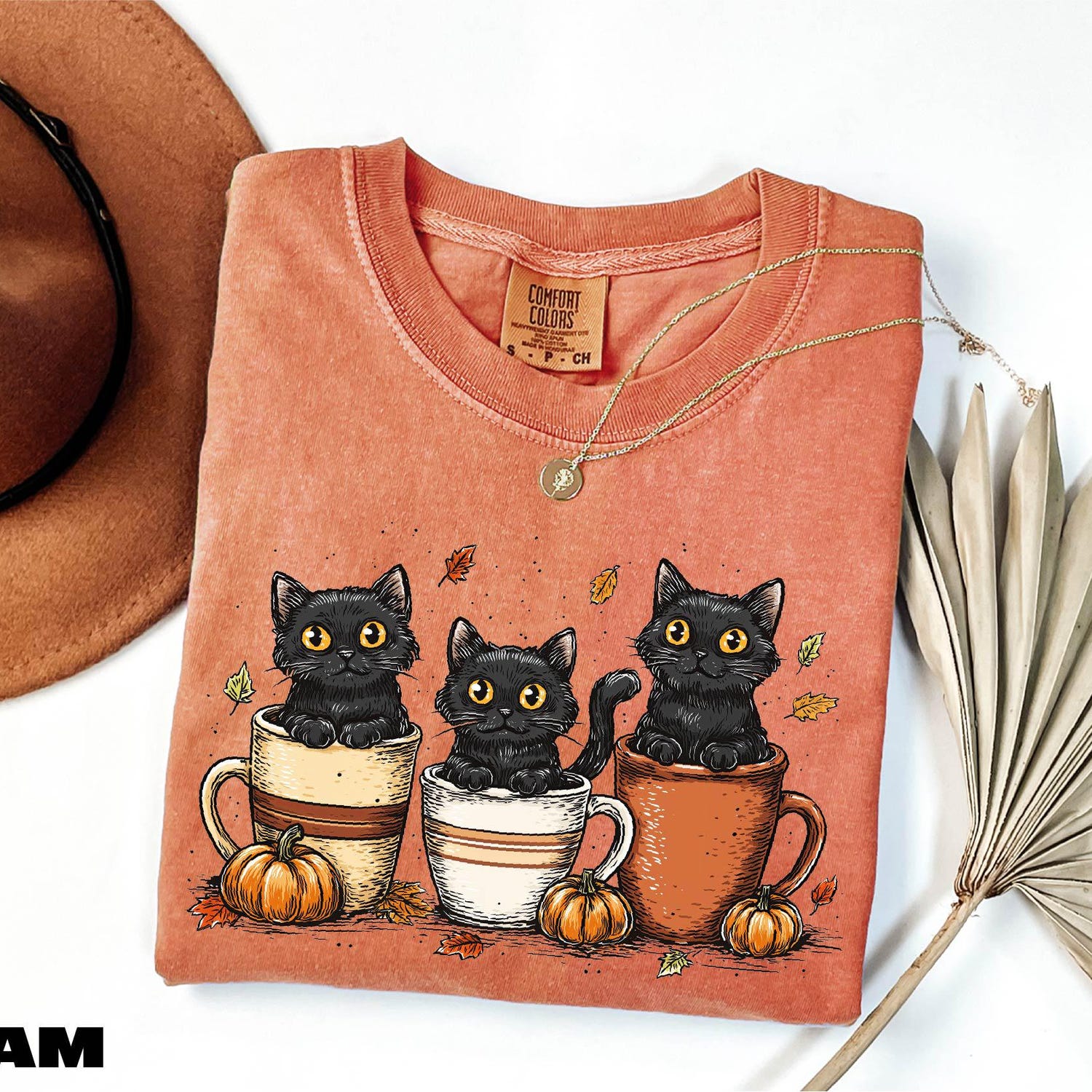 Halloween Black Cat & Coffee Cups Shirt - Cute Autumn Vibes Tee for Lovers
