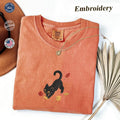 Black Cat Comfort Colors Tee, Embroidered Autumn Leaves Shirt, Handmade Cat Lover Gift for Her