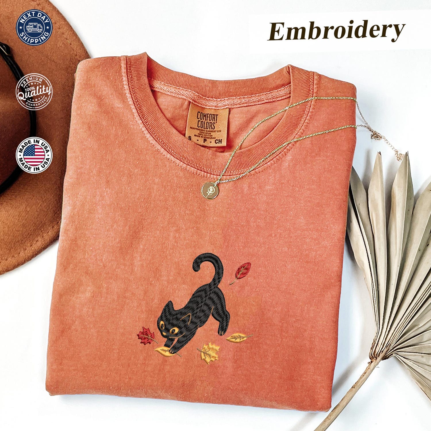 Black Cat Comfort Colors Tee, Embroidered Autumn Leaves Shirt, Handmade Cat Lover Gift for Her