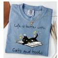 Comfort ColorsÂ® Floral Cat Shirt | Life is Better with Cats & Books Tee | Cute Book Cat Gift