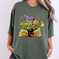 Floral Cat Book T-Shirt: Whimsical Cat Mom Gift