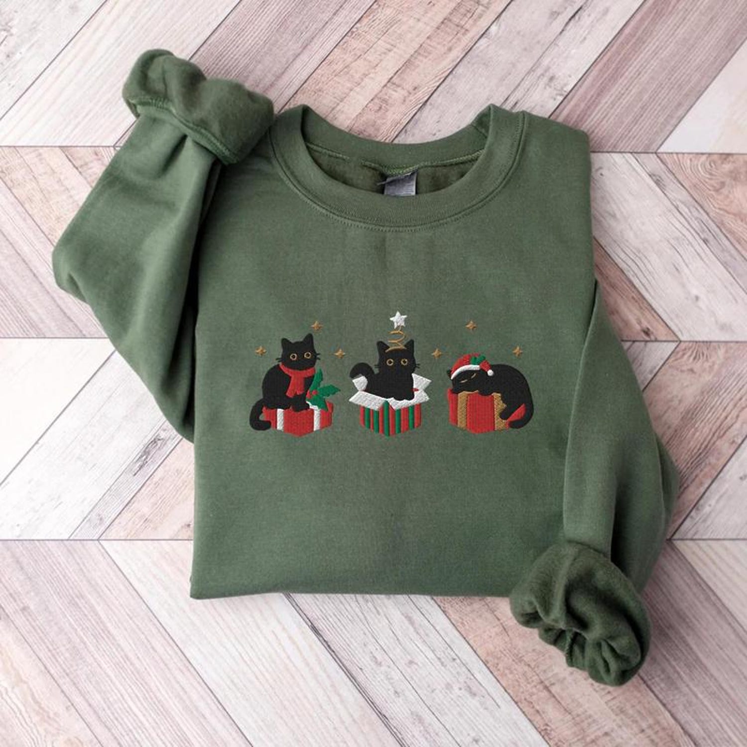 Embroidered Black Cat Christmas Sweatshirt, Funny 'Merry Catmas' Crewneck