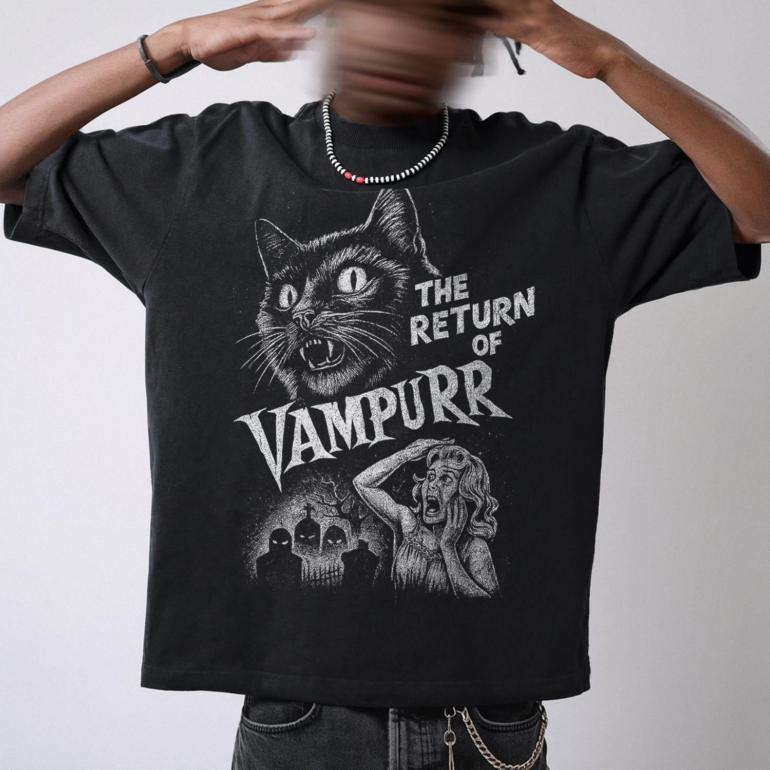 Horror Cat Movie Poster Tee, Funny Spooky Season T-shirt, Gift for Cat Lover, Unisex Retro Tshirt, Vampurr Halloween Shirt, Funny Shirt Gift