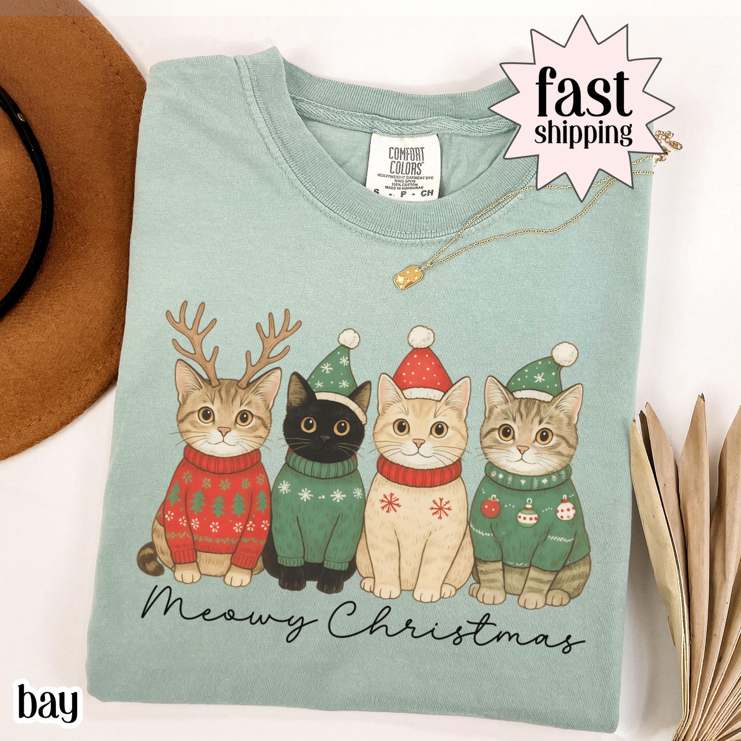 Christmas Cat Comfort Colors Shirt Meowy Christmas Santa Hat Cat Tee Happy Holiday Kitty Black Cat Tshirt Cat Lover Christmas Shirt Gift