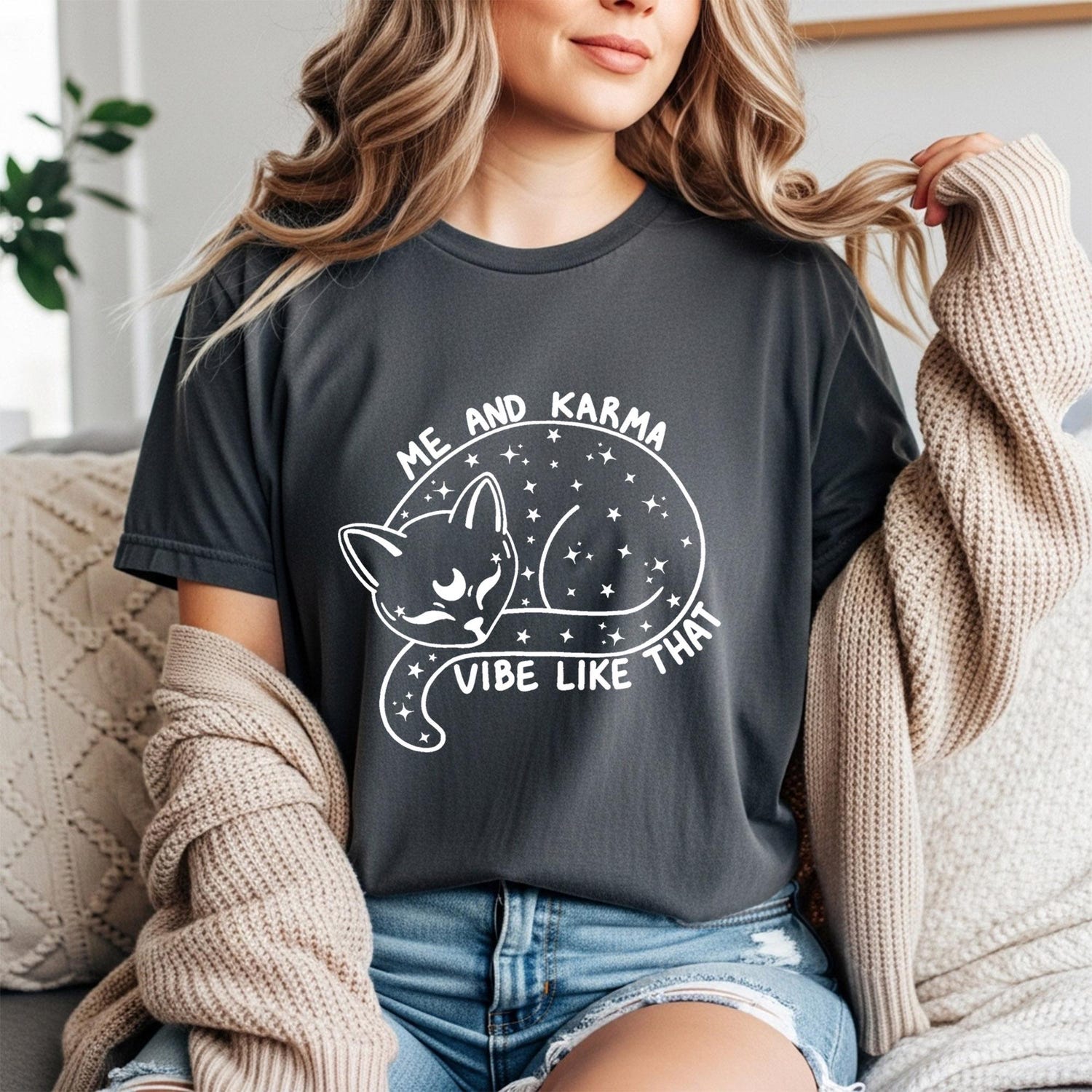 Me And Karma Vibe Like That TShirt, Karma Is A Cat Shirt, Cosmic Kitty tee,  Midnights Inspired karma shirt, Celestial Spiritual Cat tee