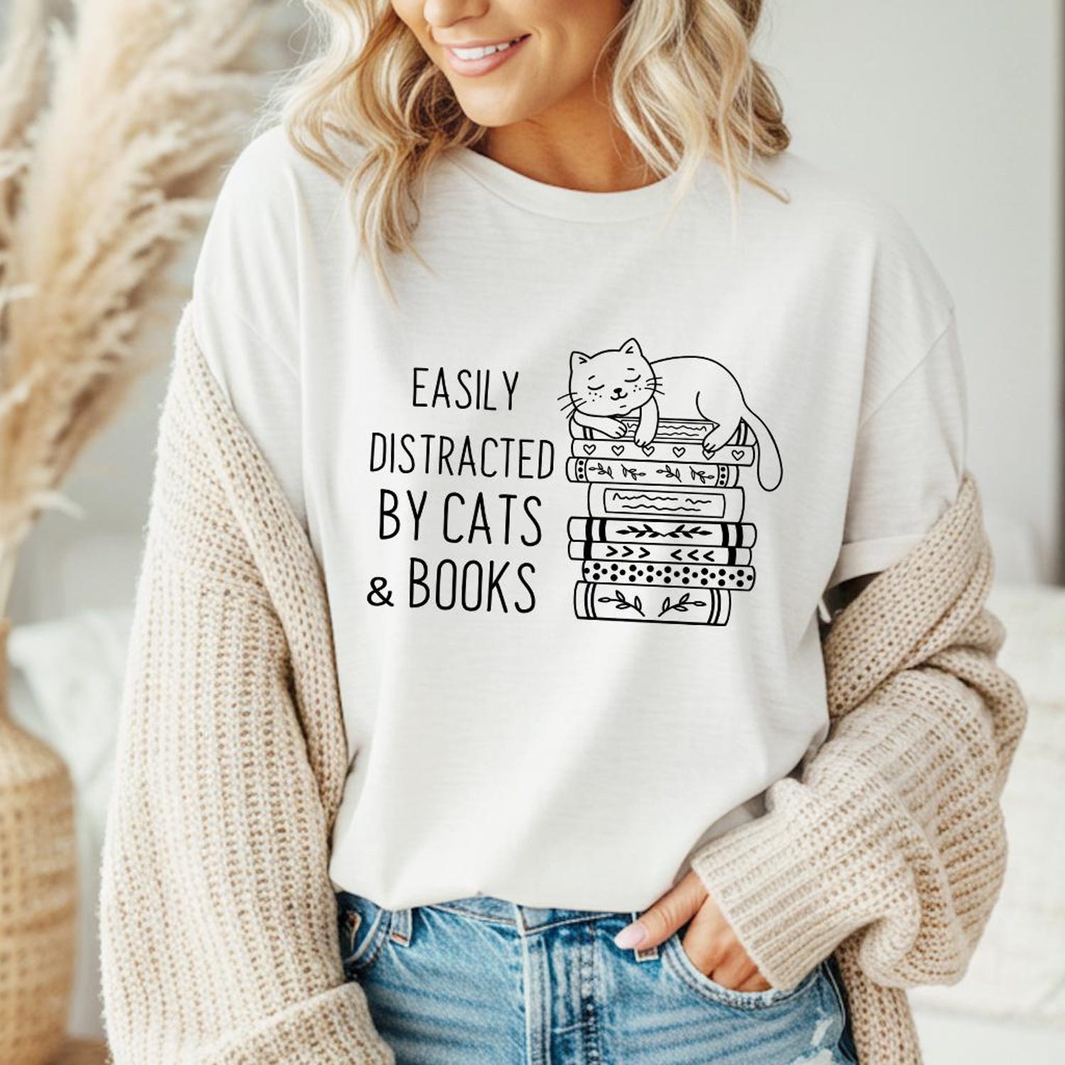 Cat Book Lover Shirt - Easily Distracted by Cats & Books Tee for Readers