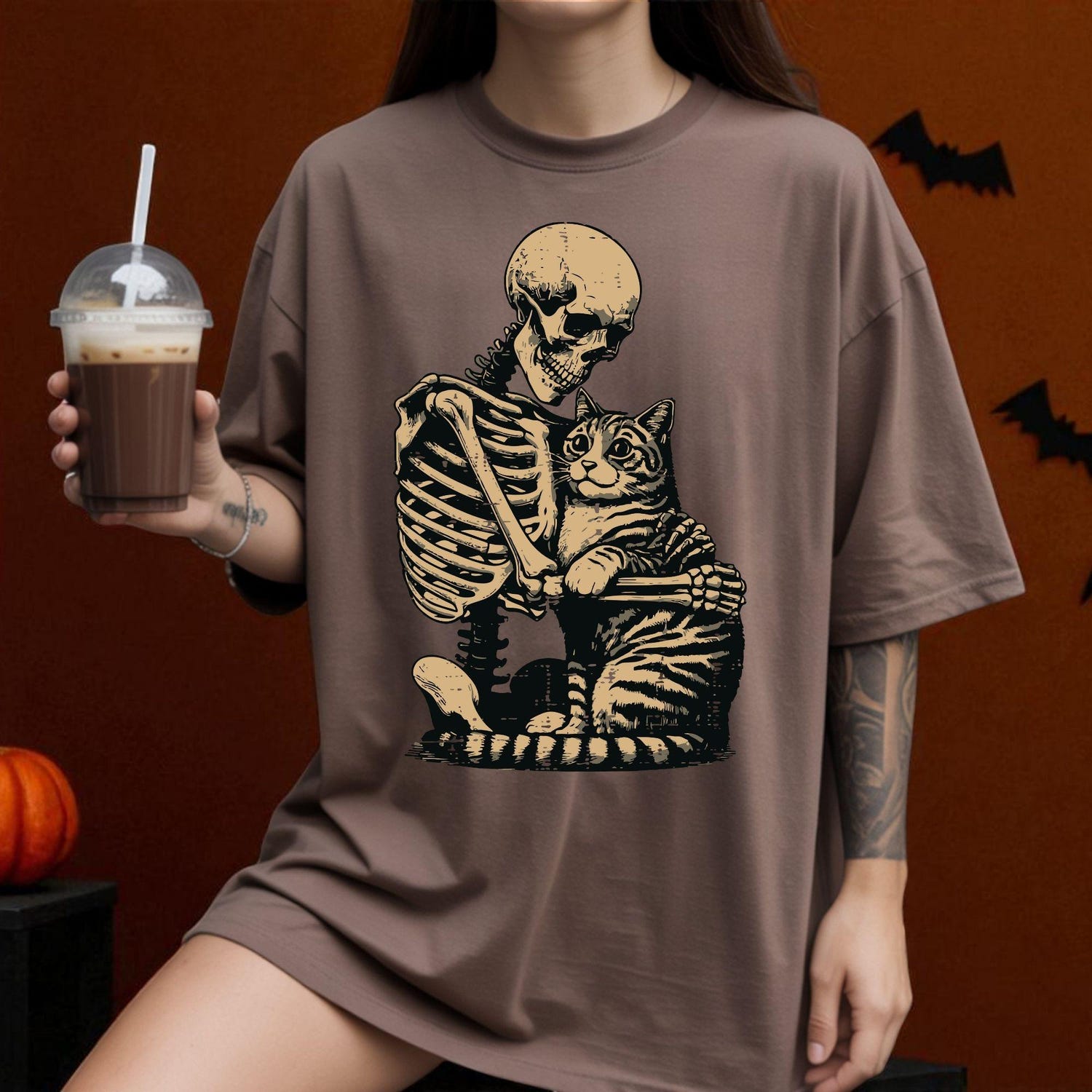 Comfort Colors Skeleton Hugging Cat Shirt: Funny Halloween Graphic Tee