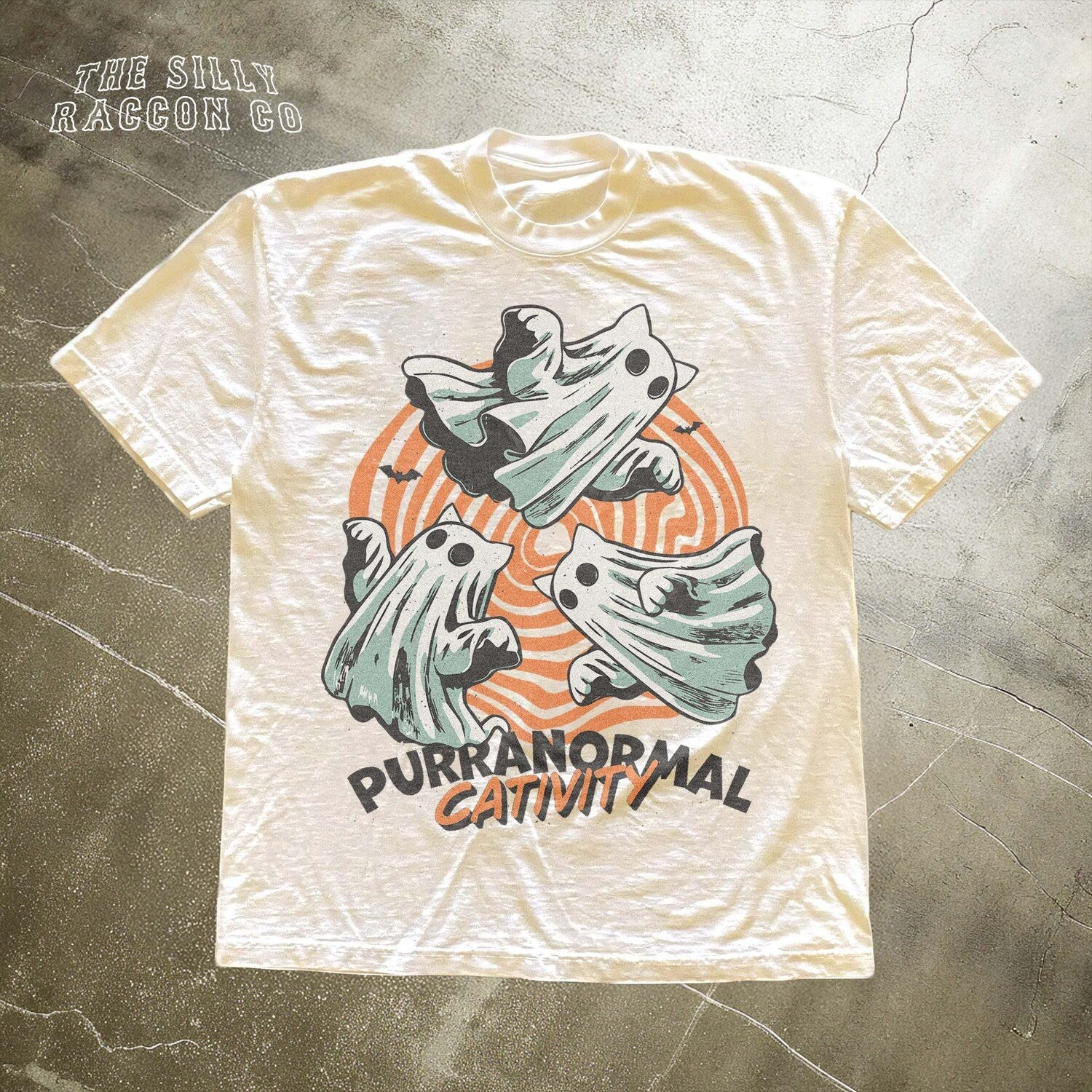 Purranormal Cativity Ghost Cat T-Shirt - Funny Halloween Cat Graphic Tee - Spooky Cute Retro Style Cat Shirt - Halloween Gift for Cat lovers