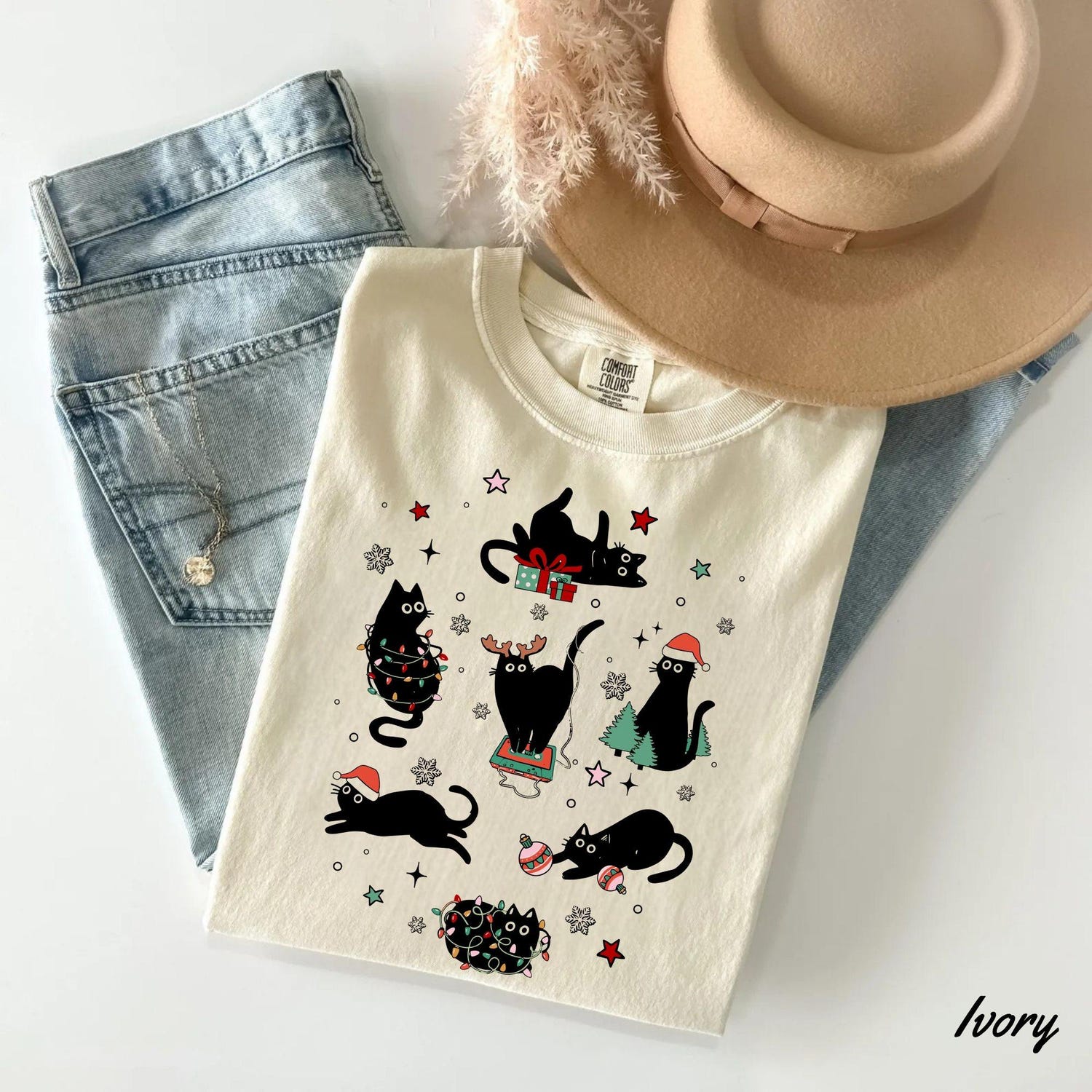 Comfort ColorsÂ® Cute Cat Christmas Shirt, Cat Mom Christmas Gift, Women's Holiday Tshirt, Funny Christmas Cat Lover Christmas Gift