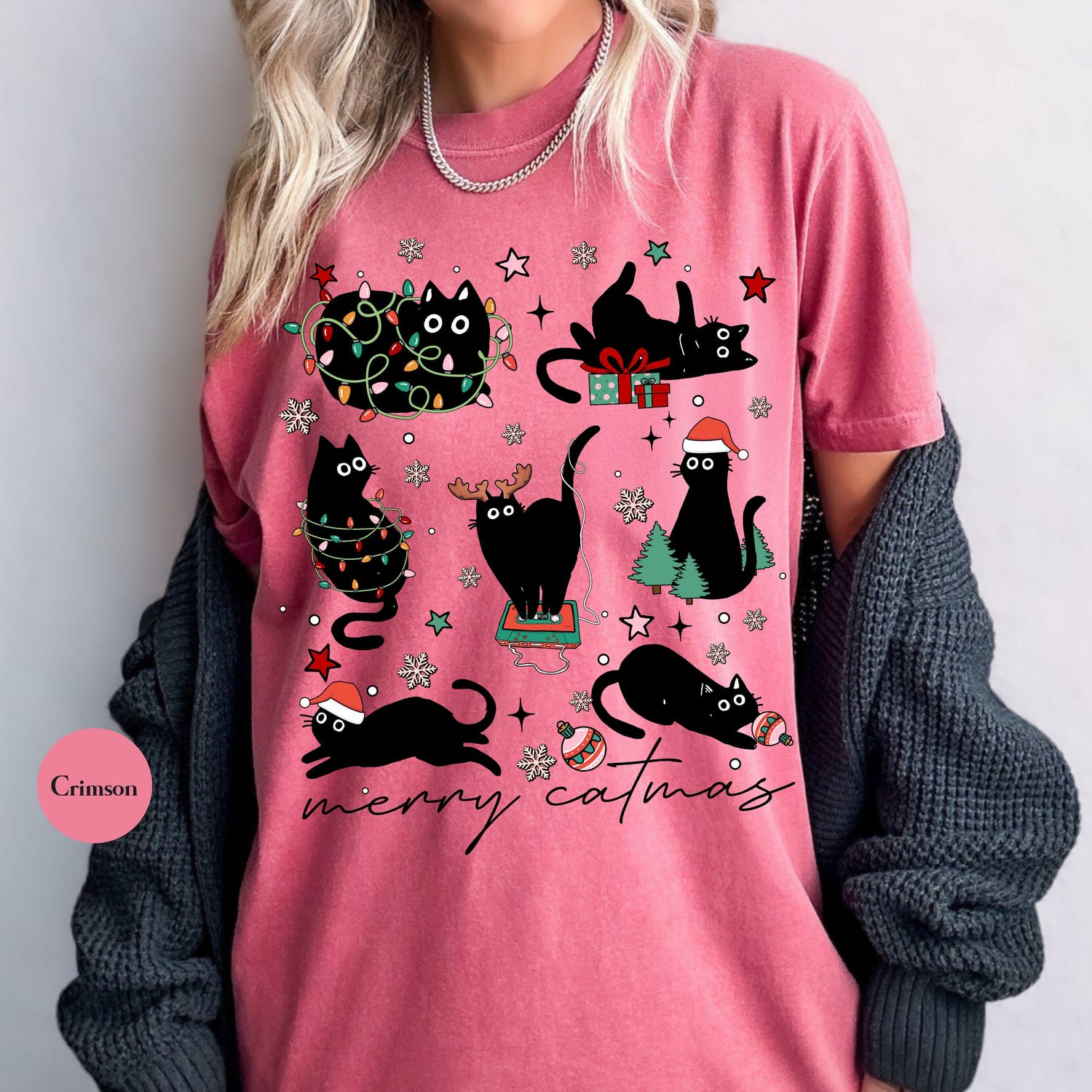 Merry Catmas Christmas Comfort ColorsÂ® T Shirt | Black Cat Christmas Shirt | Cat Lover TShirt | Women's Oversized Christmas Shirt
