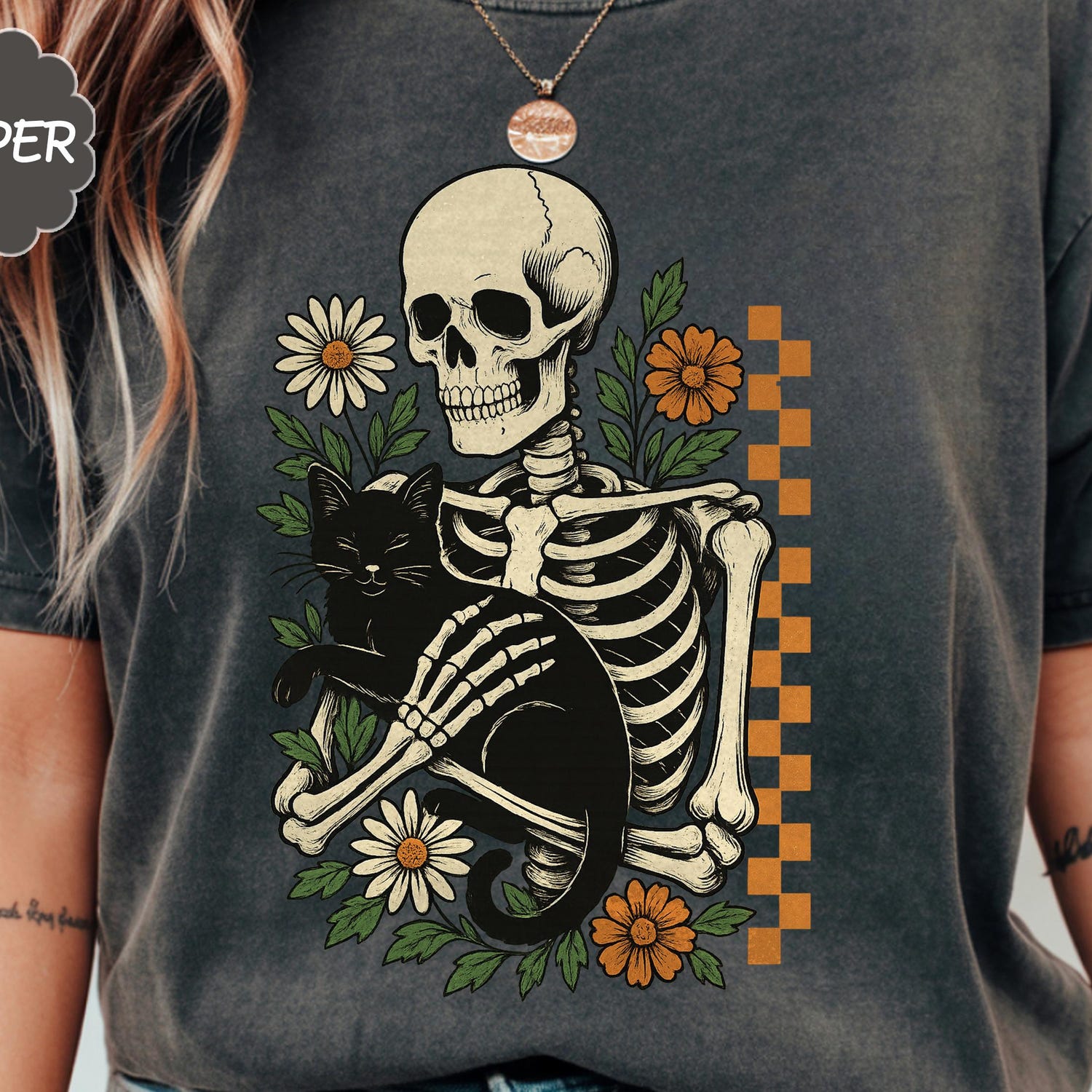 Comfort ColorsÂ® Skeleton Hugging Cat Shirt, Floral Halloween Shirt, Cute Spooky t shirt, Gift Idea for Cat Lovers