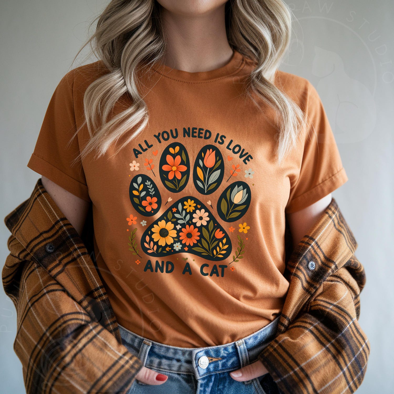 Vintage Cat Lover Boho Floral Paw Print Retro Cat Mom Gift
