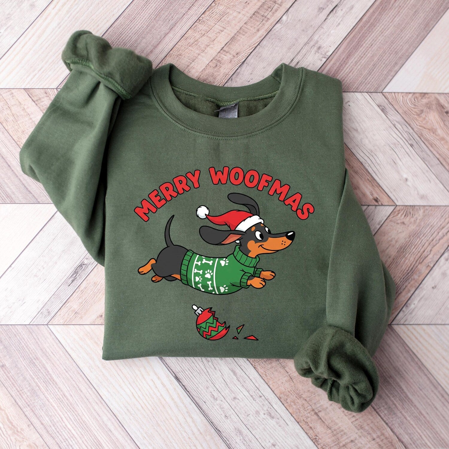 Merry Woofmas Dog Sweatshirt, Funny Dachshund Christmas Sweater, Cute Gift for Dog Owner, Dog Mom Holiday Outfit, Festive Puppy Shirt