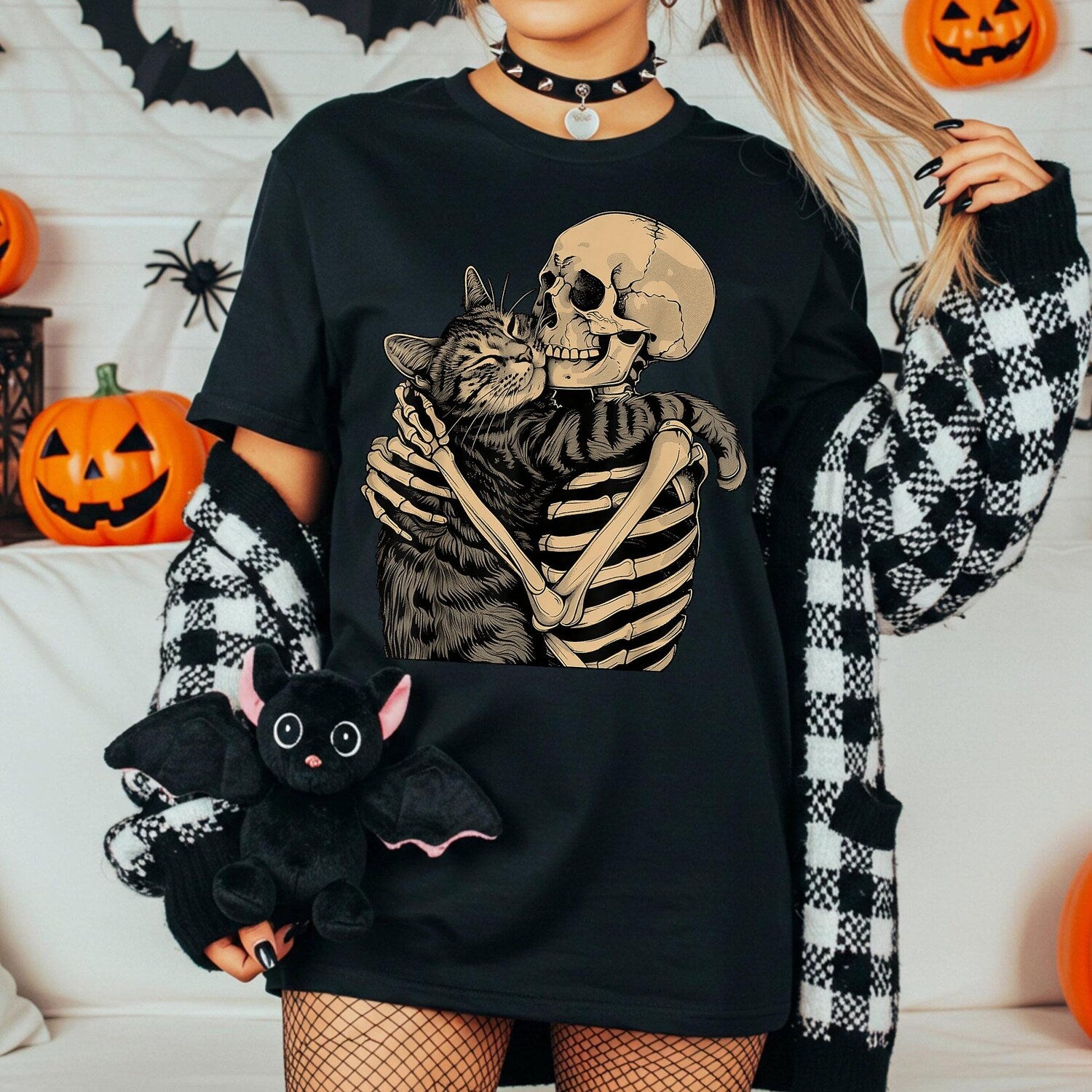 Comfort ColorsÂ® Skeleton Hugging Cat T-Shirt, Halloween Cat Lover Shirt, Cat Mom Dad Shirt, Gothic Cat Shirt, Creepy Cat Tee, Halloween Gift