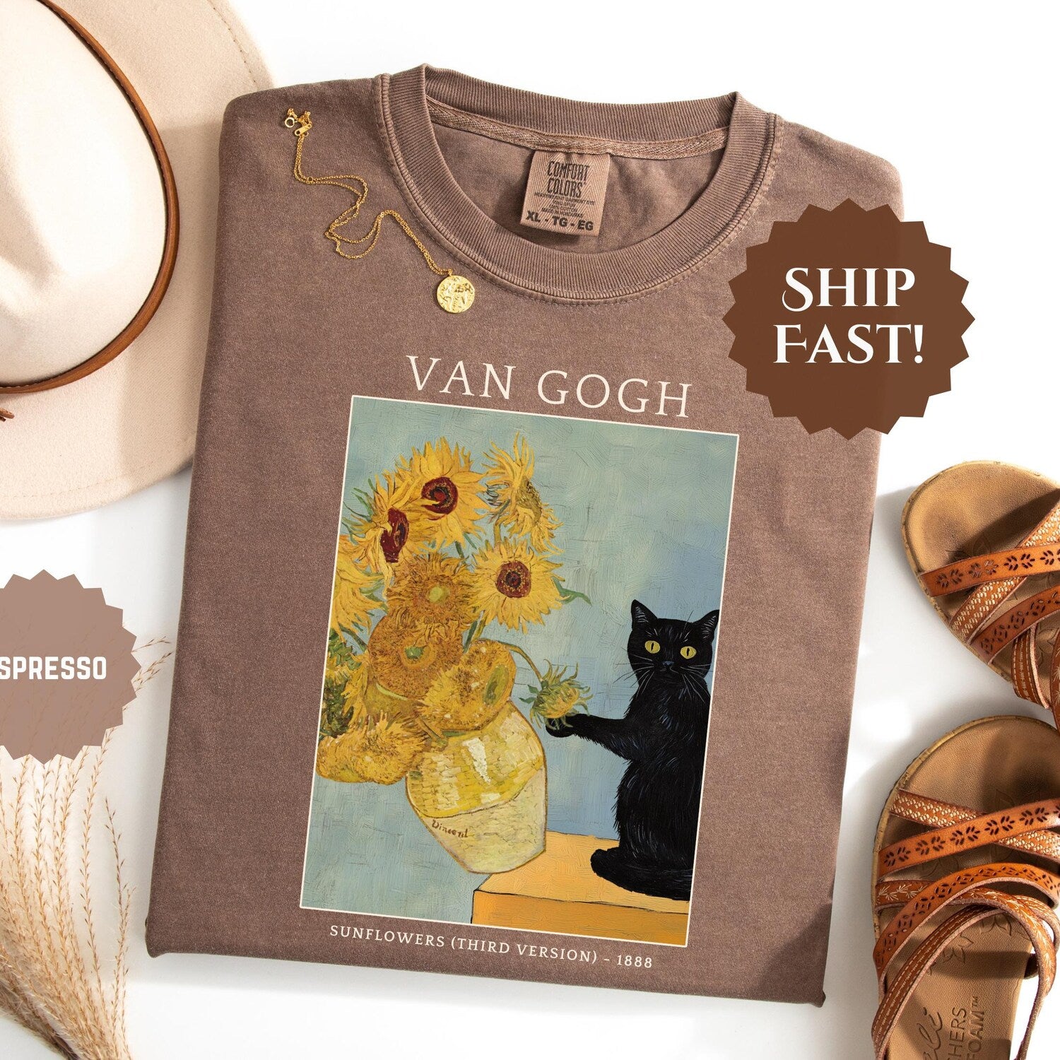 Van Gogh Cat Shirt: Comfort Colors Sunflower Tee