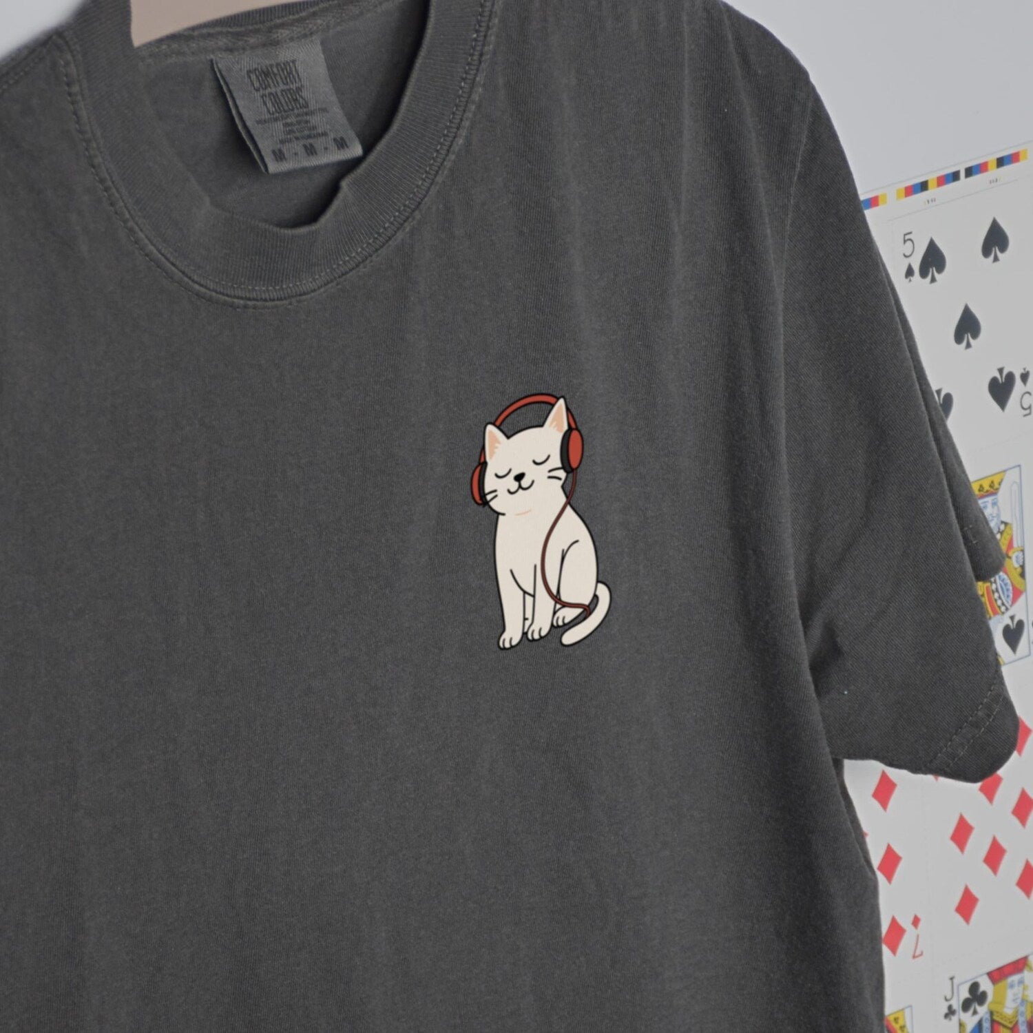 Cute Cat Illustration T-shirt, Cat Lover Gift, Cat With Headphones Tee, White Cat Chest Design, Relaxed Cat Listening to Music Shirt
