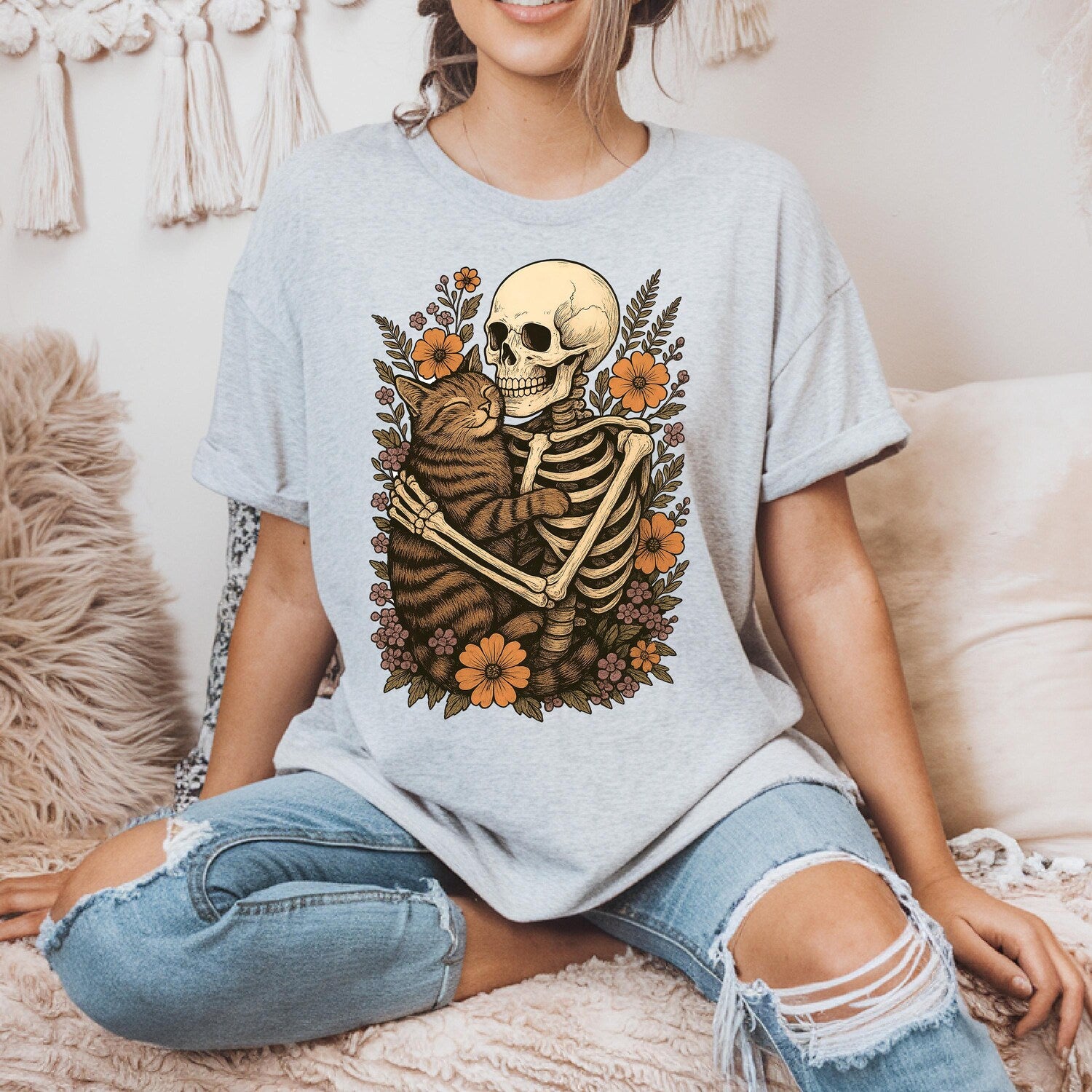 Skeleton Hugging Cat Shirt - Spooky Halloween Cat T-Shirt, Gothic Cat Lover Gift