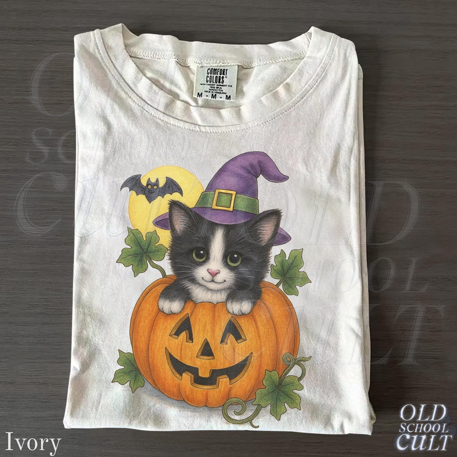 Halloween Cat T-Shirt, Cute Kitten in Pumpkin Graphic Tee, Spooky Witch Hat Cat Lover Shirt, Comfort ColorsÂ® Ivory Fall Top