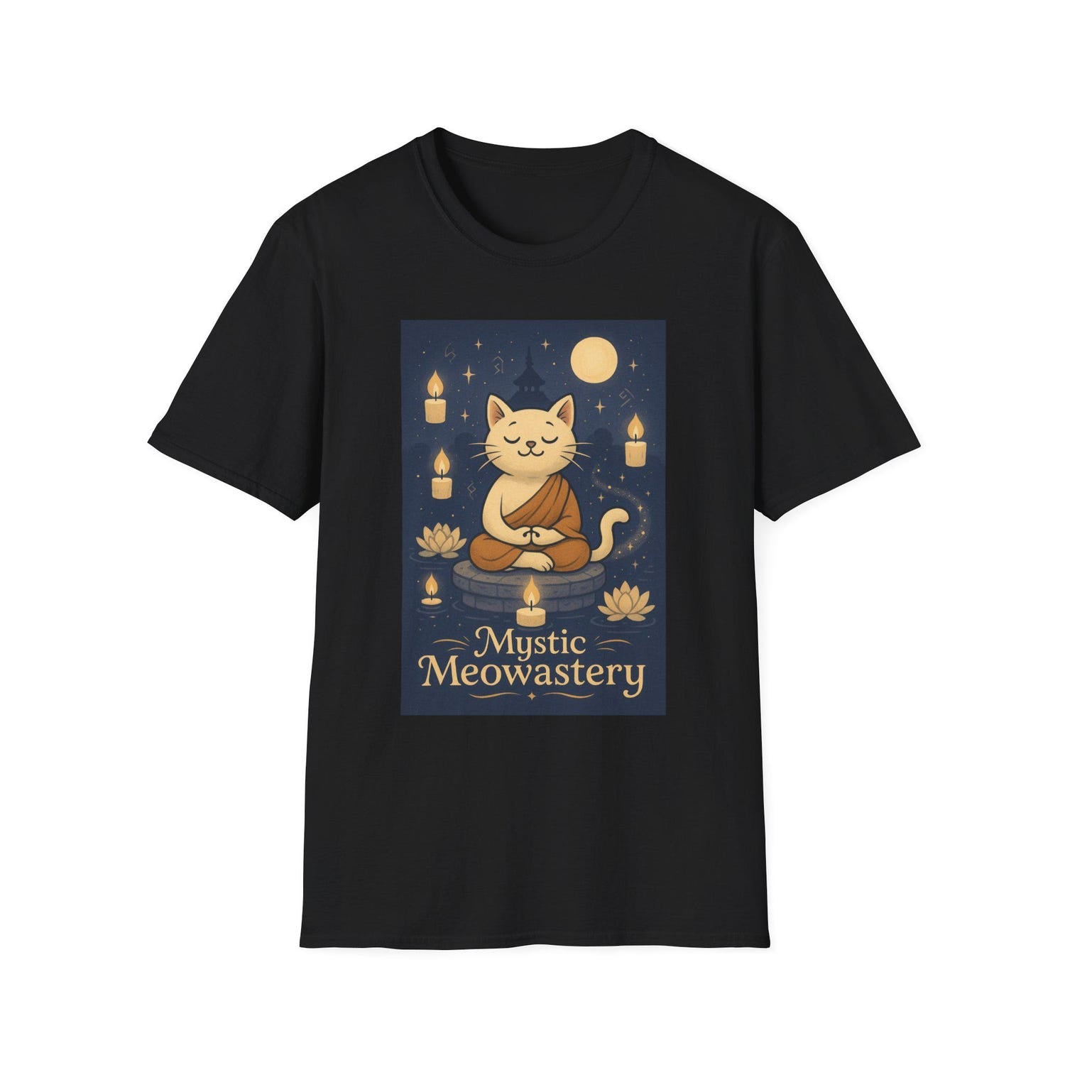 Mystic Meowastery T-Shirt, Cozy Cat Lover Tee, Unisex Casual Wear, Meditation Theme Shirt, Gift for Cat Enthusiasts