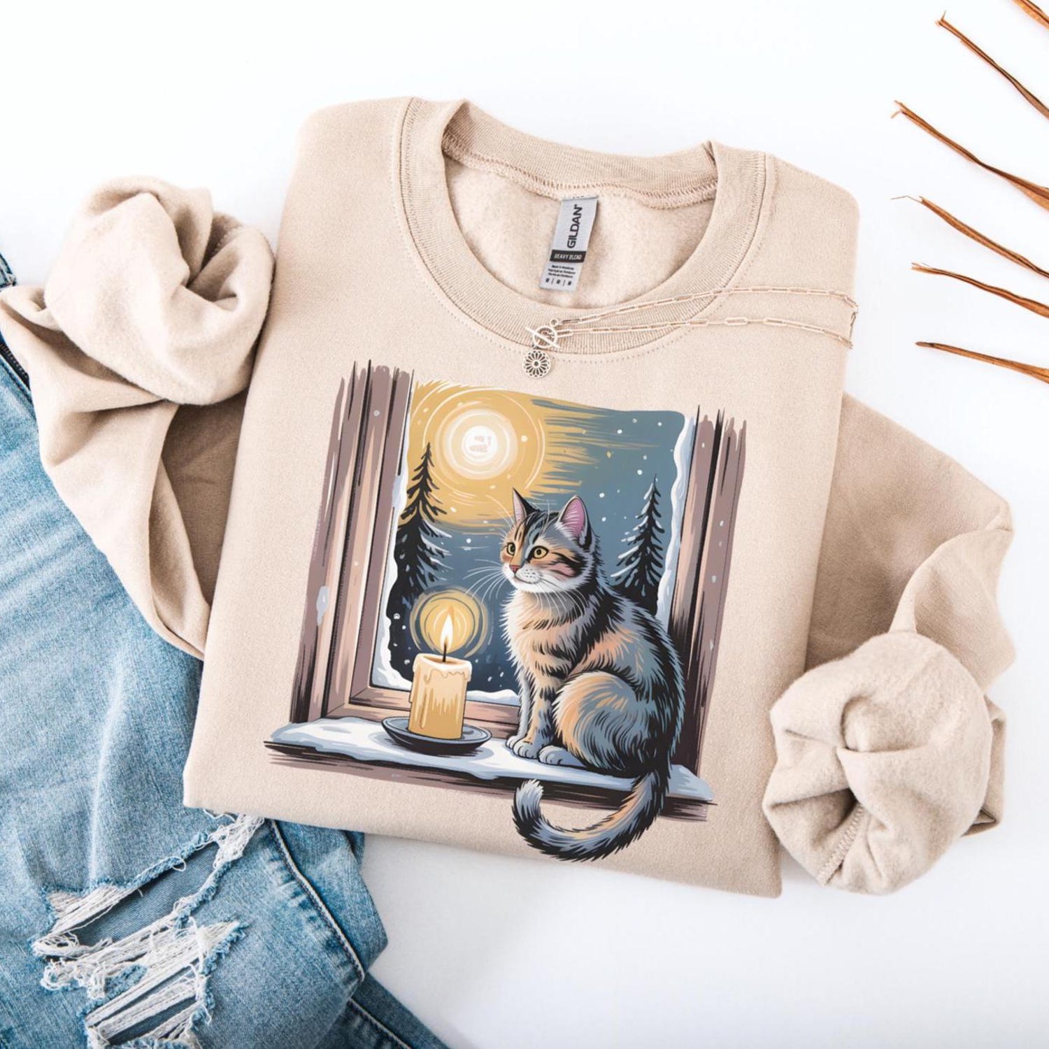 The Cat & Candlelight Shirt - Cozy Winter Cat Lover Tee for Holidays